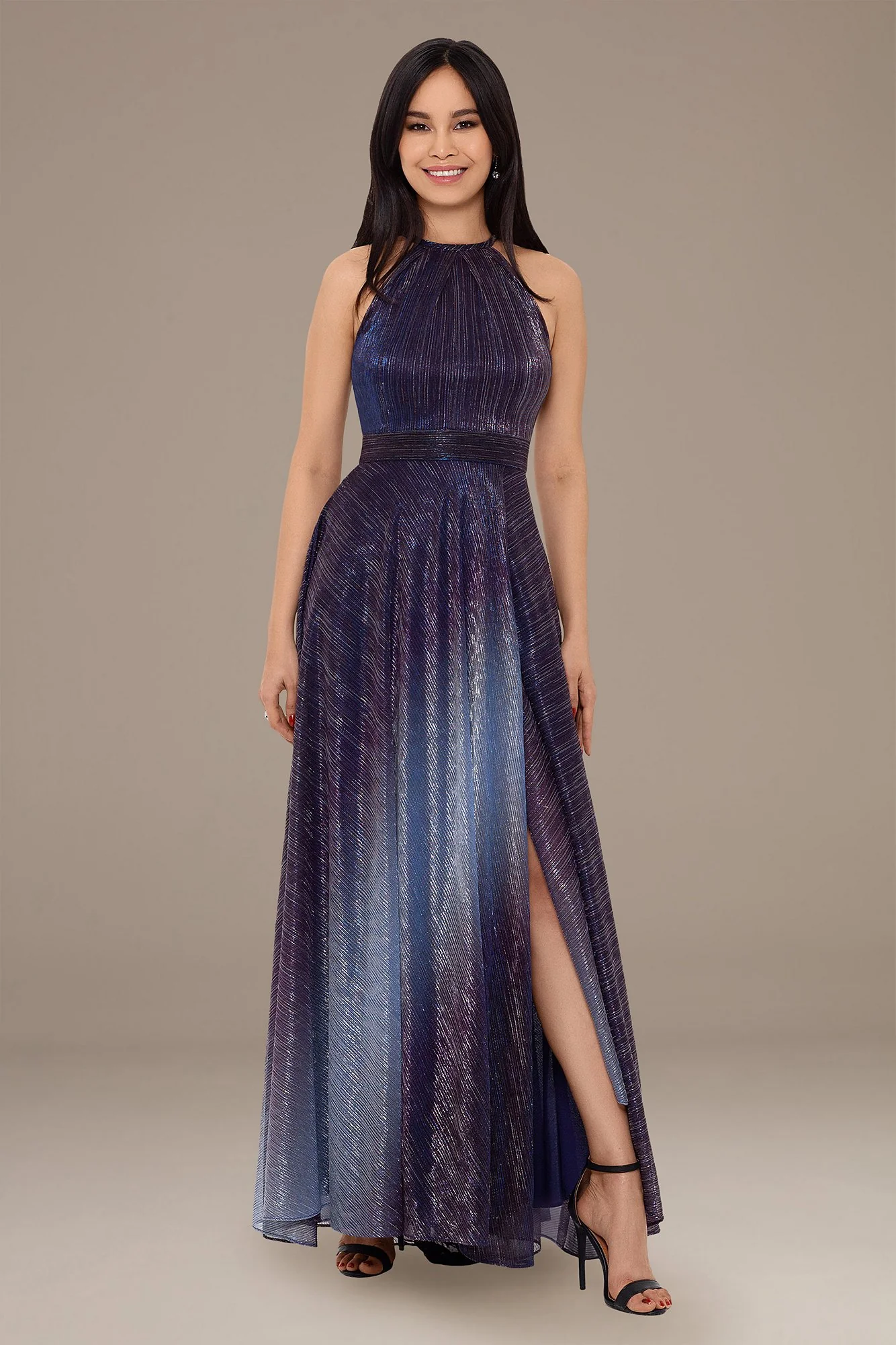 Ombre Metallic Halter A-Line Prom Dress - Image 2