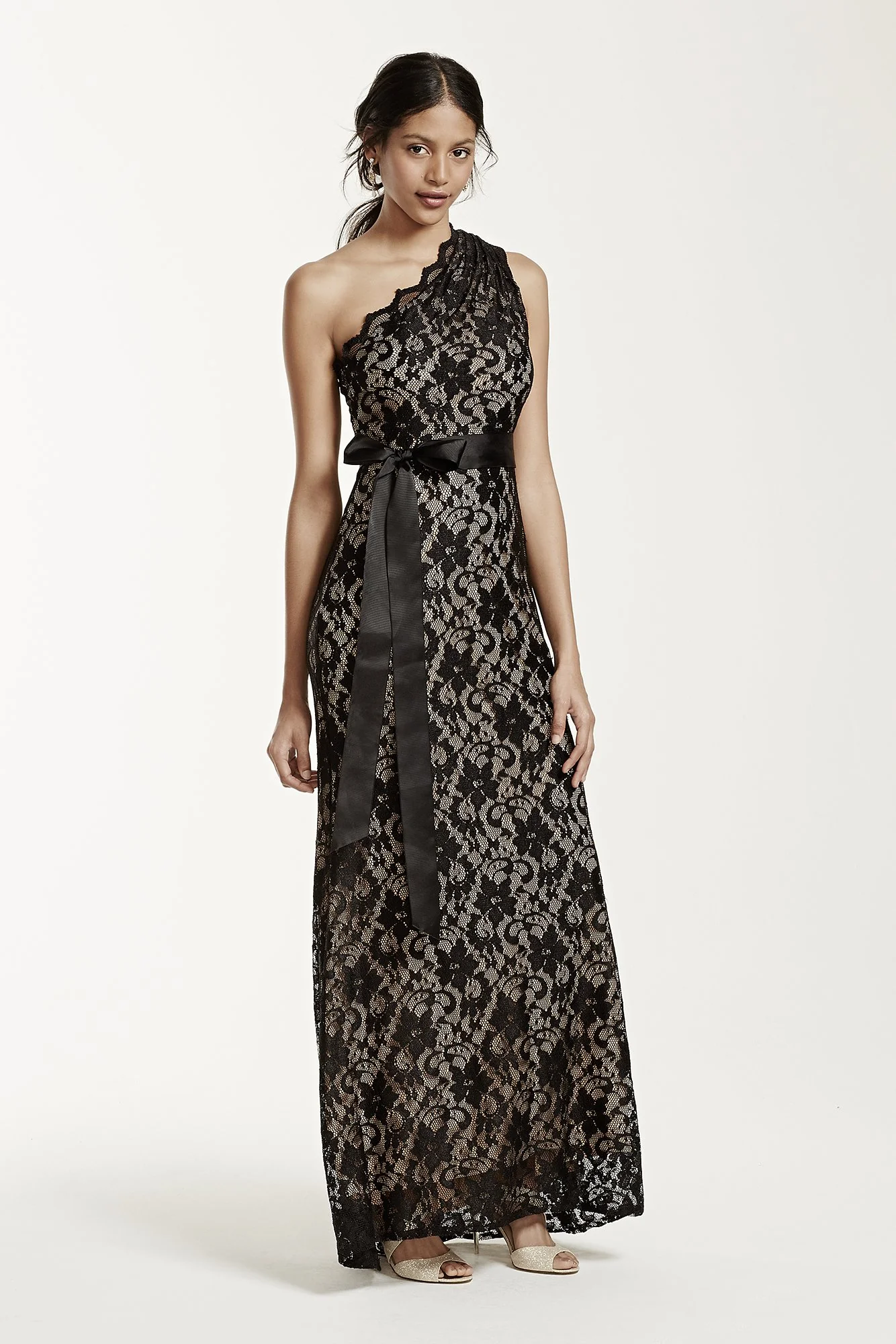 One Shoulder All Over Lace Dress with Ribbon