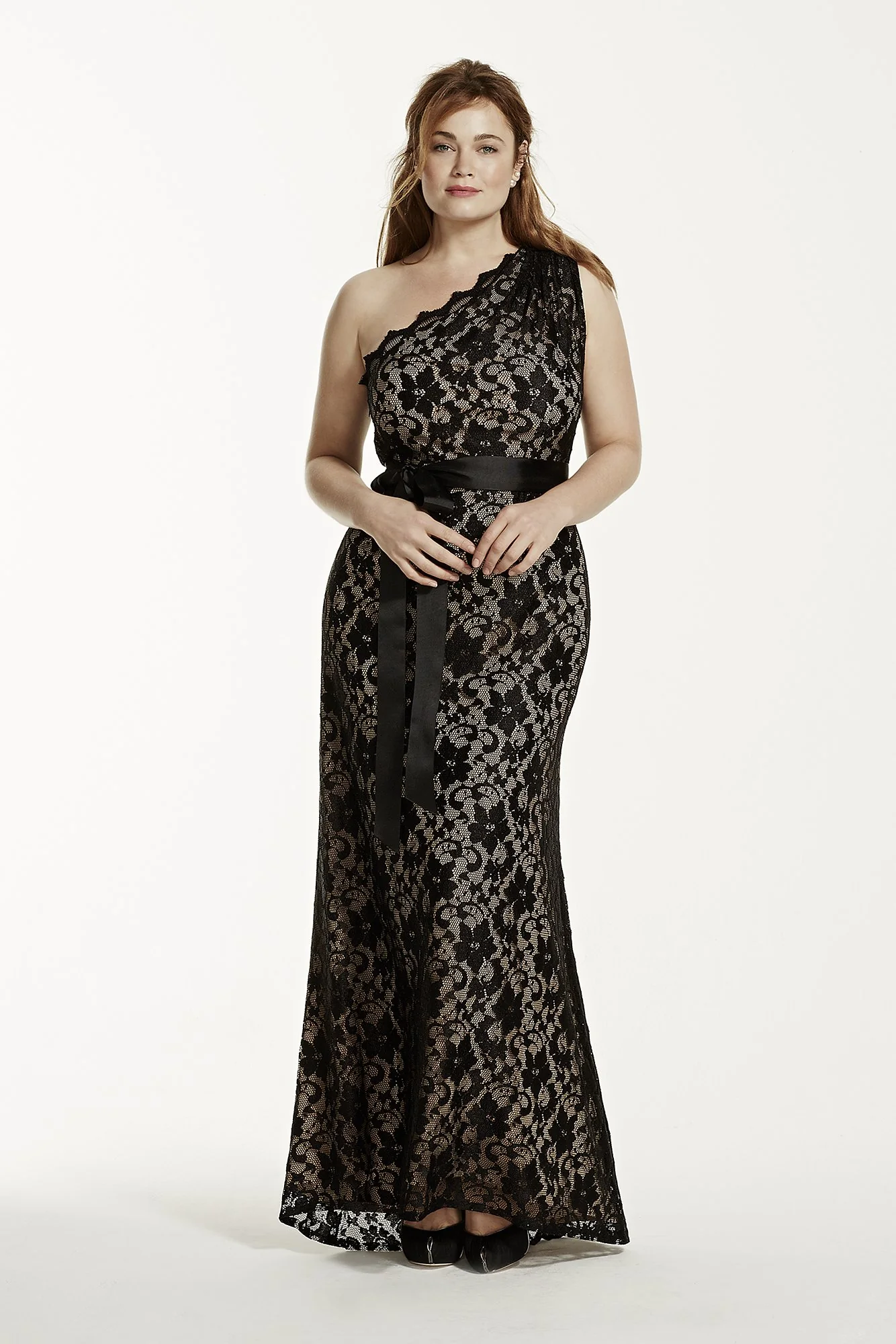 One Shoulder All Over Lace Dress with Ribbon - Image 2