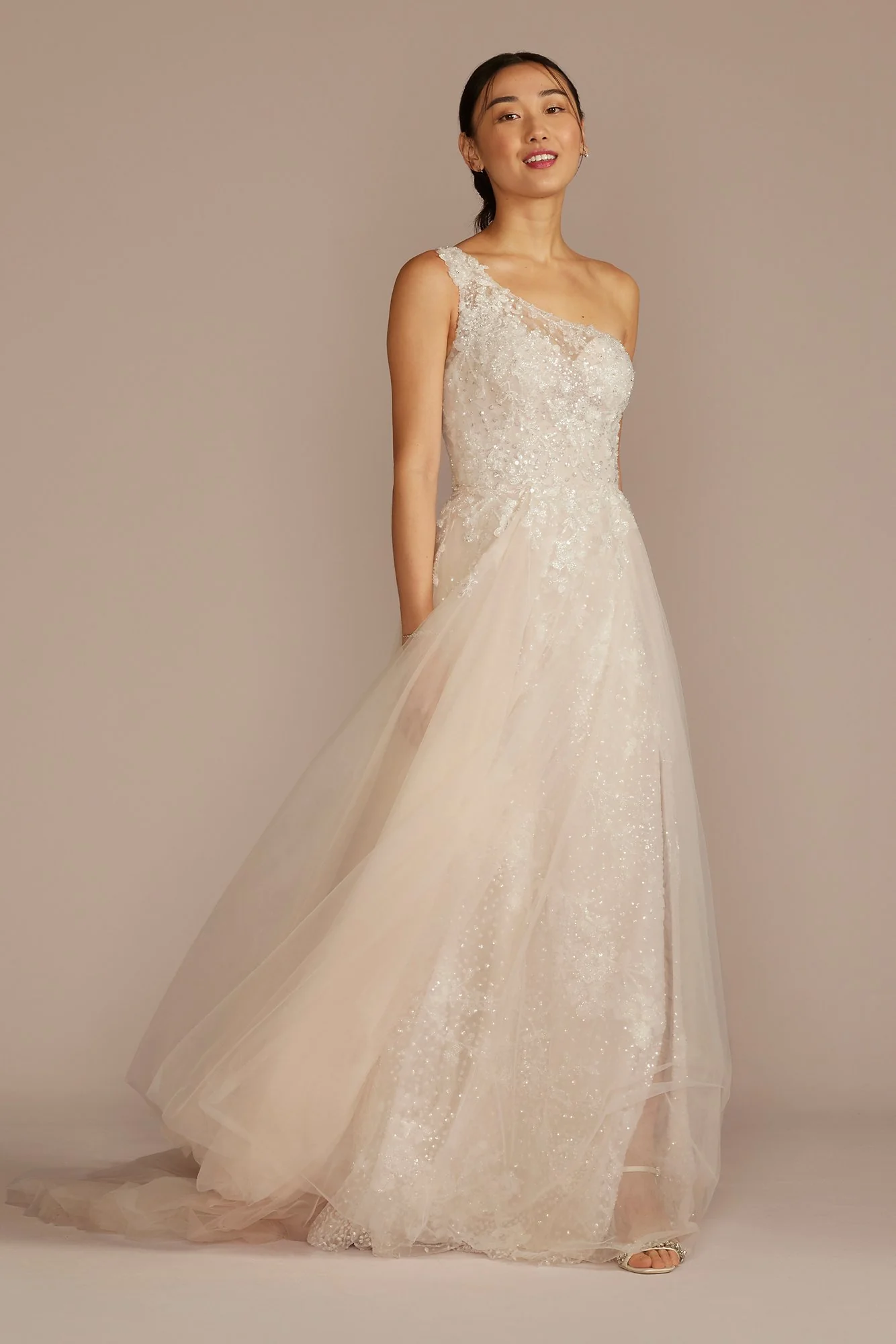 One-Shoulder Beaded Wedding Dress with Overskirt