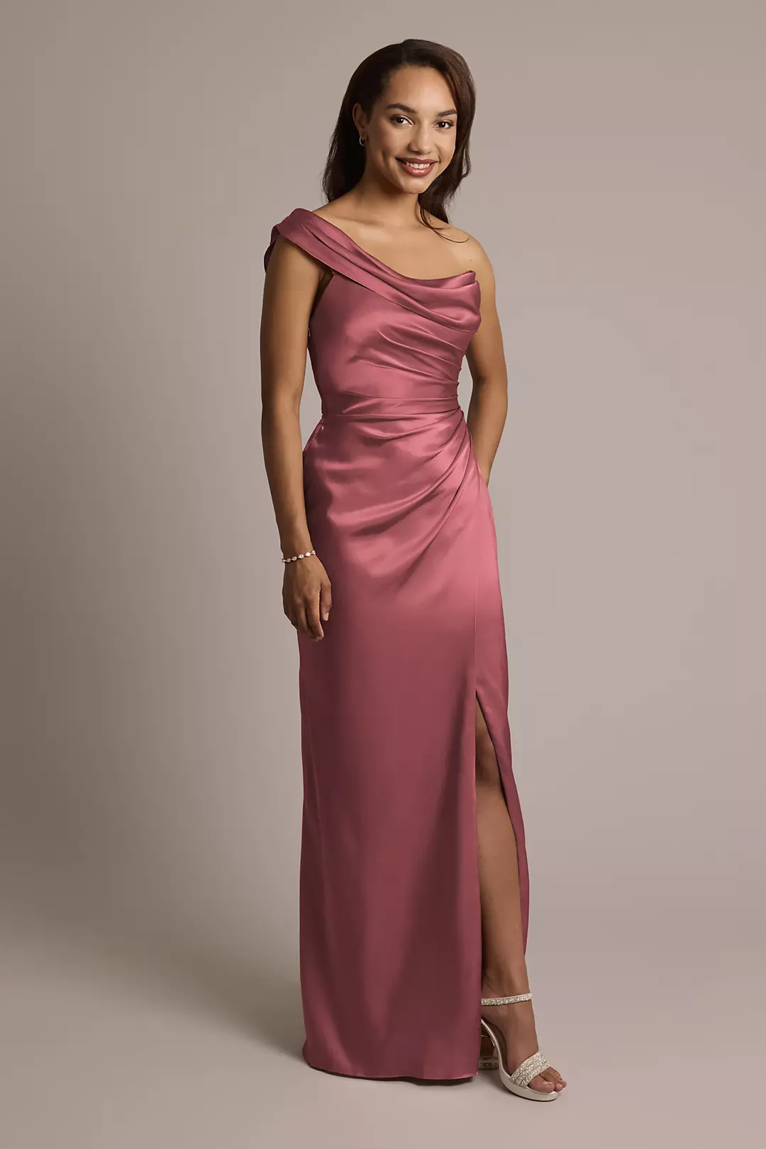 One-Shoulder Charmeuse Sheath Dress - Image 46