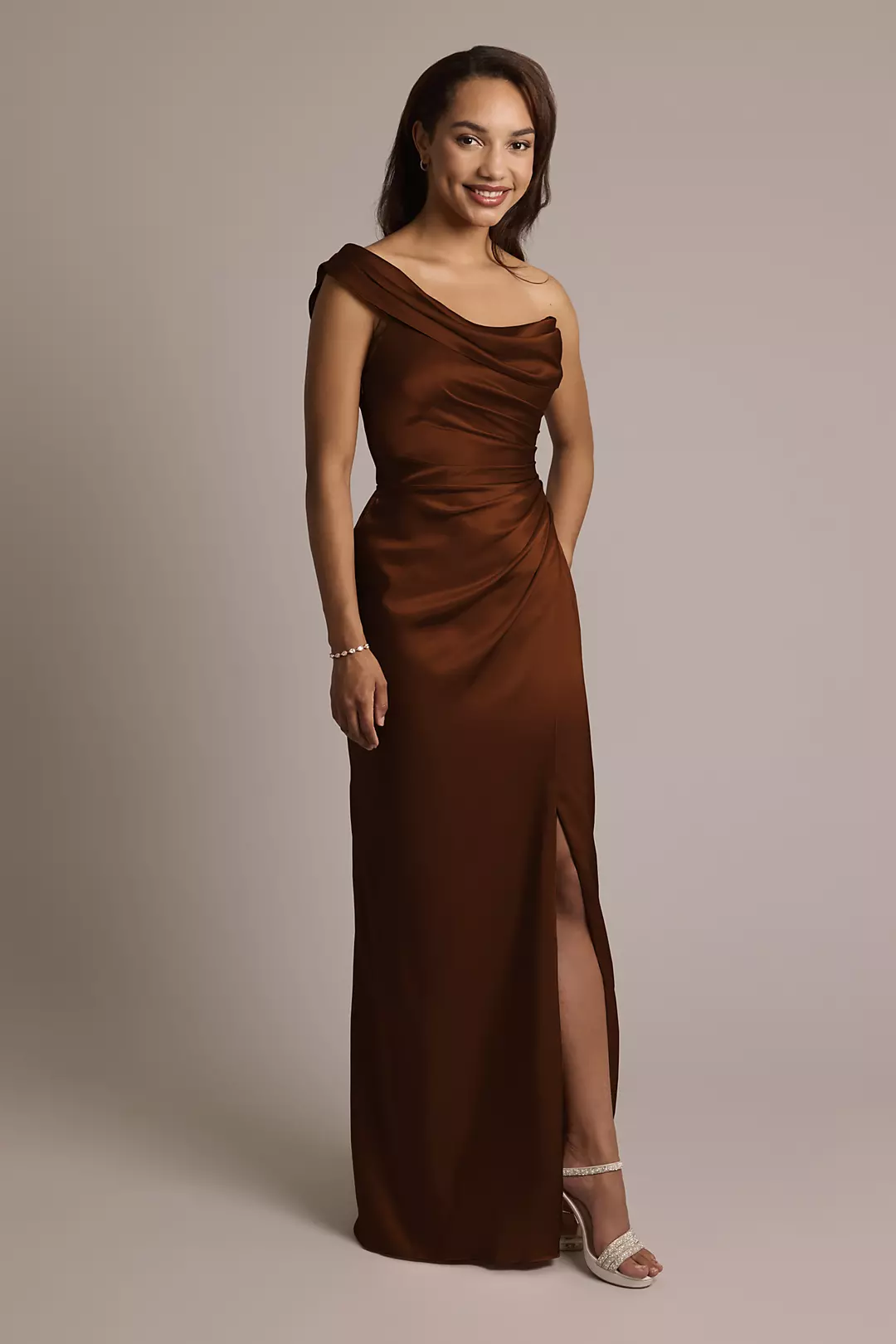One-Shoulder Charmeuse Sheath Dress - Image 97
