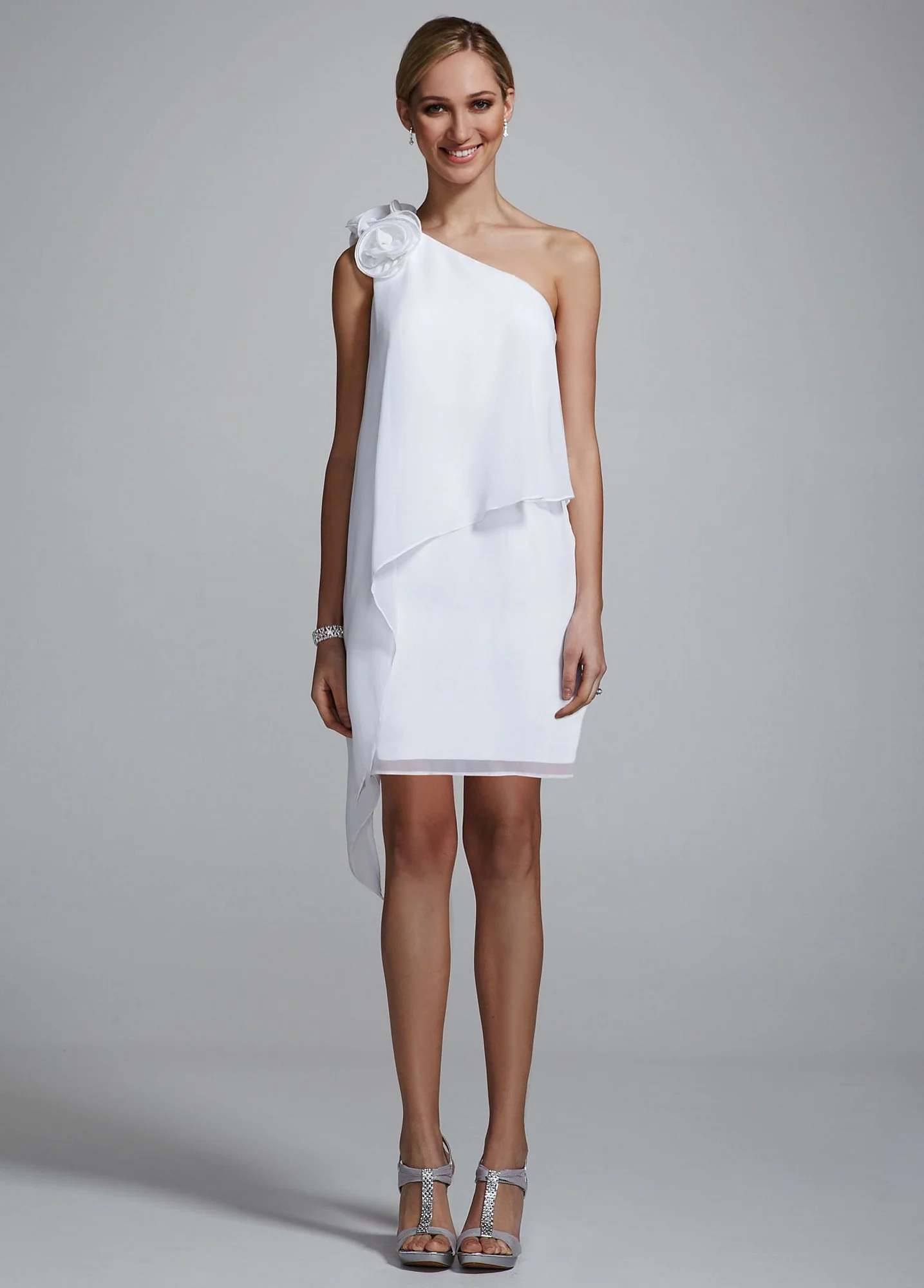 One Shoulder Chiffon Dress with 3D Floral Detail - Image 2