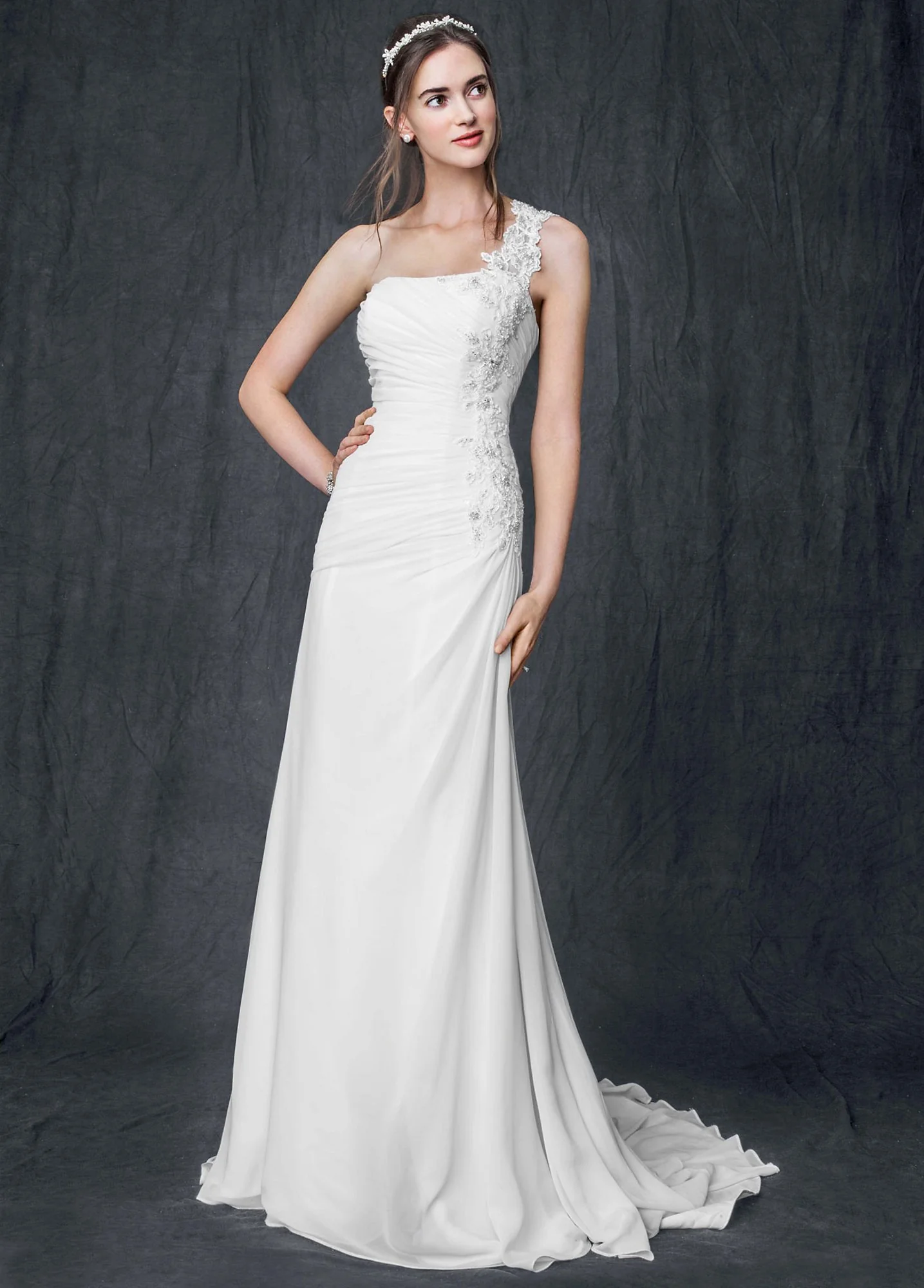 One Shoulder Chiffon Gown with Floral Appliques
