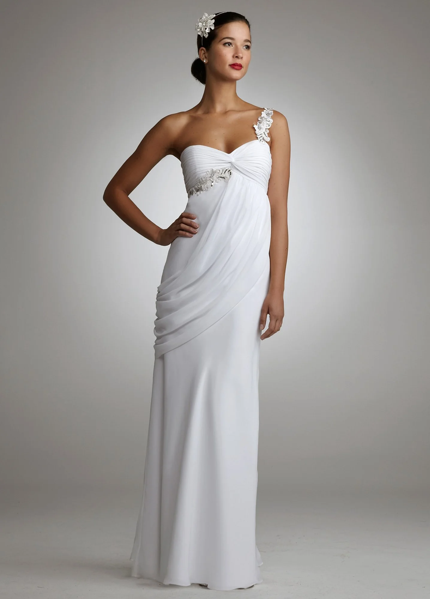 Chiffon Floral Embellished One Shoulder Side Drape