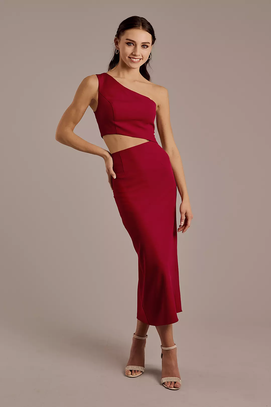 One-Shoulder Crepe Cutout Midi Sheath Dress - Image 2