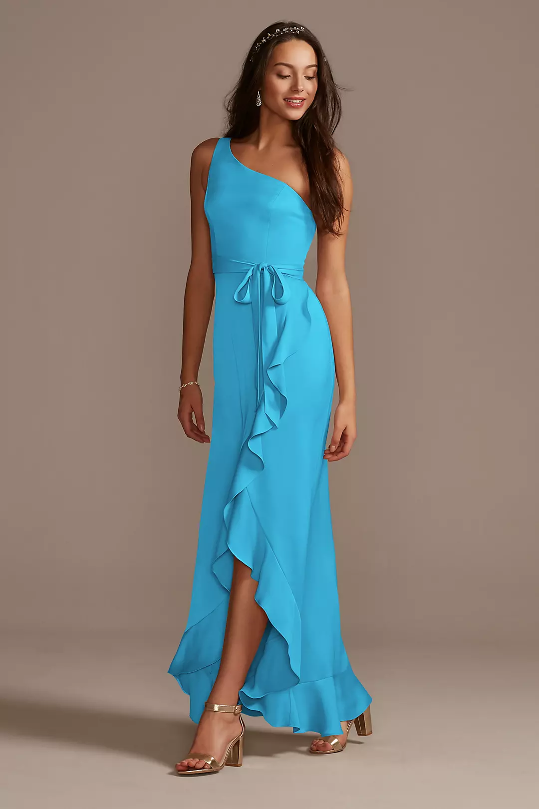 One Shoulder Crepe Satin Ruffle Dress - Image 103