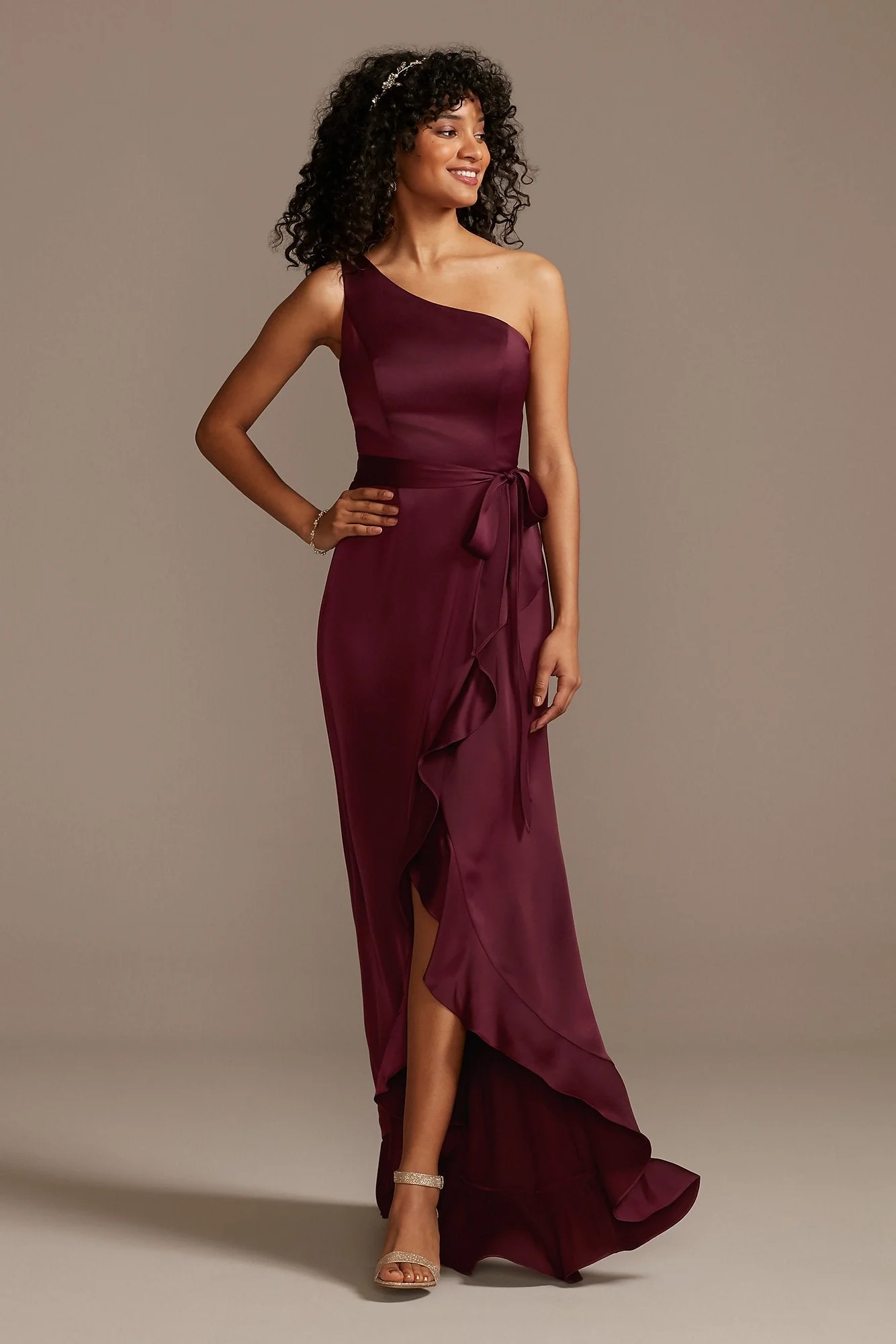 One Shoulder Crepe Satin Ruffle Dress - Image 110