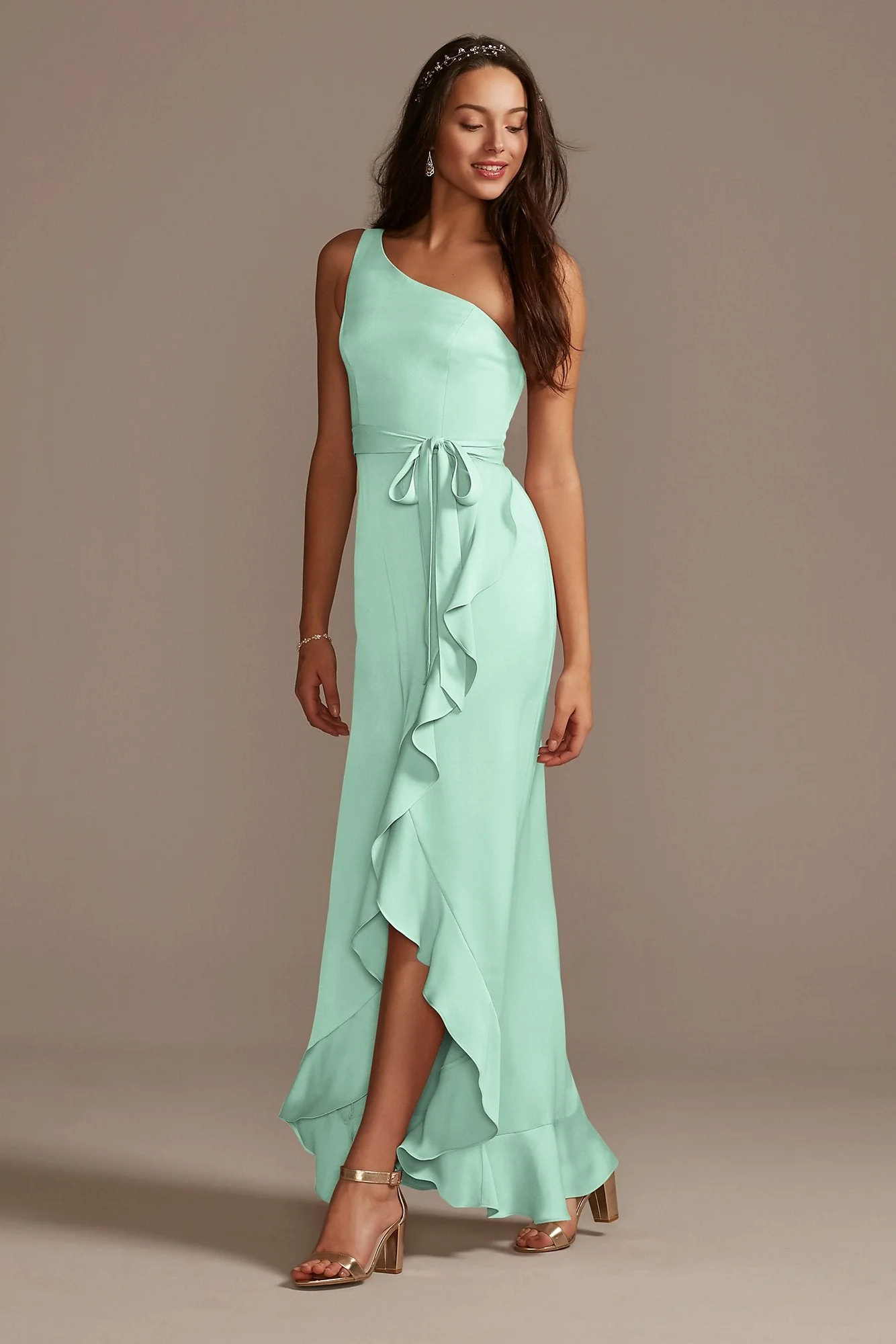 One Shoulder Crepe Satin Ruffle Dress - Image 111
