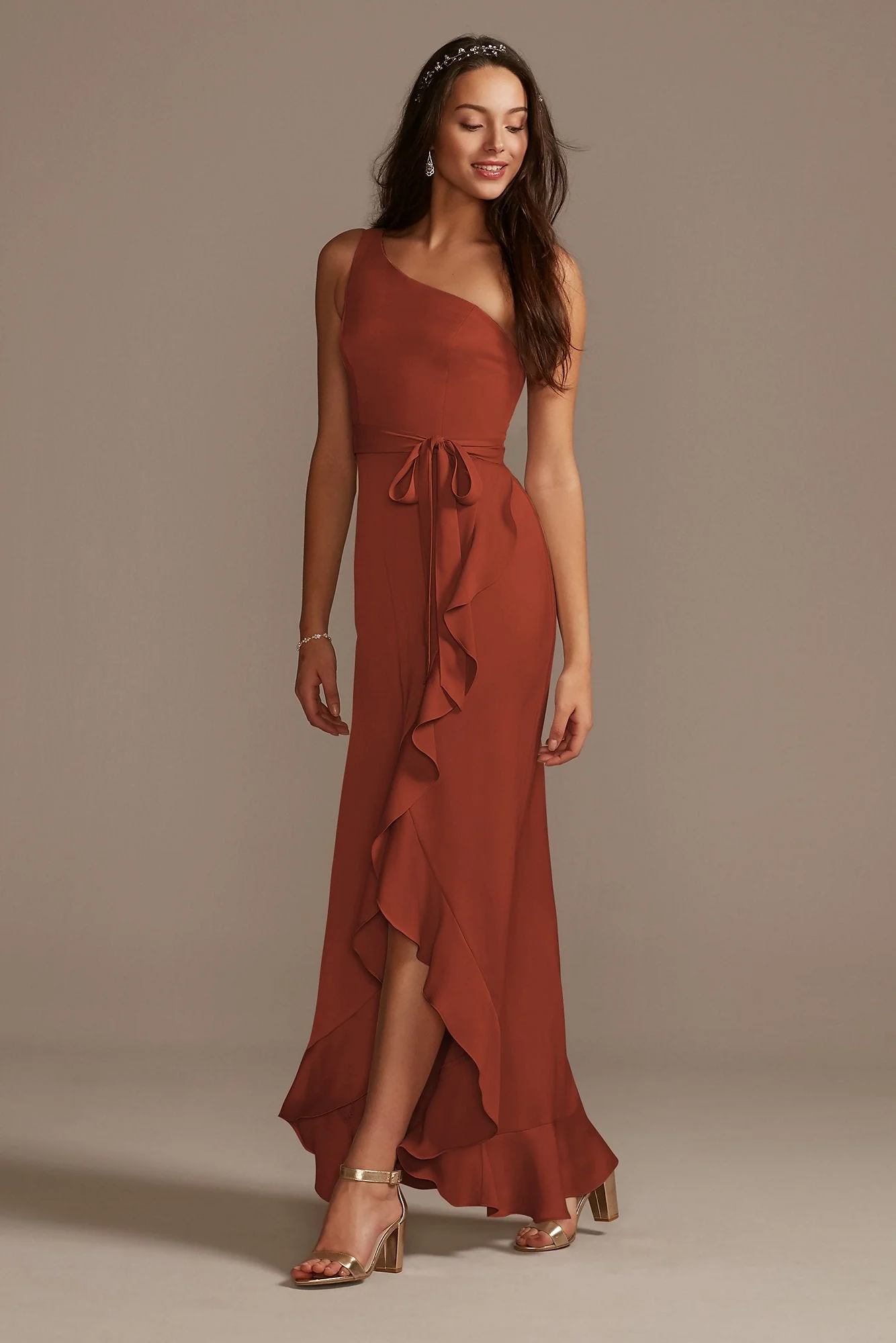 One Shoulder Crepe Satin Ruffle Dress - Image 113