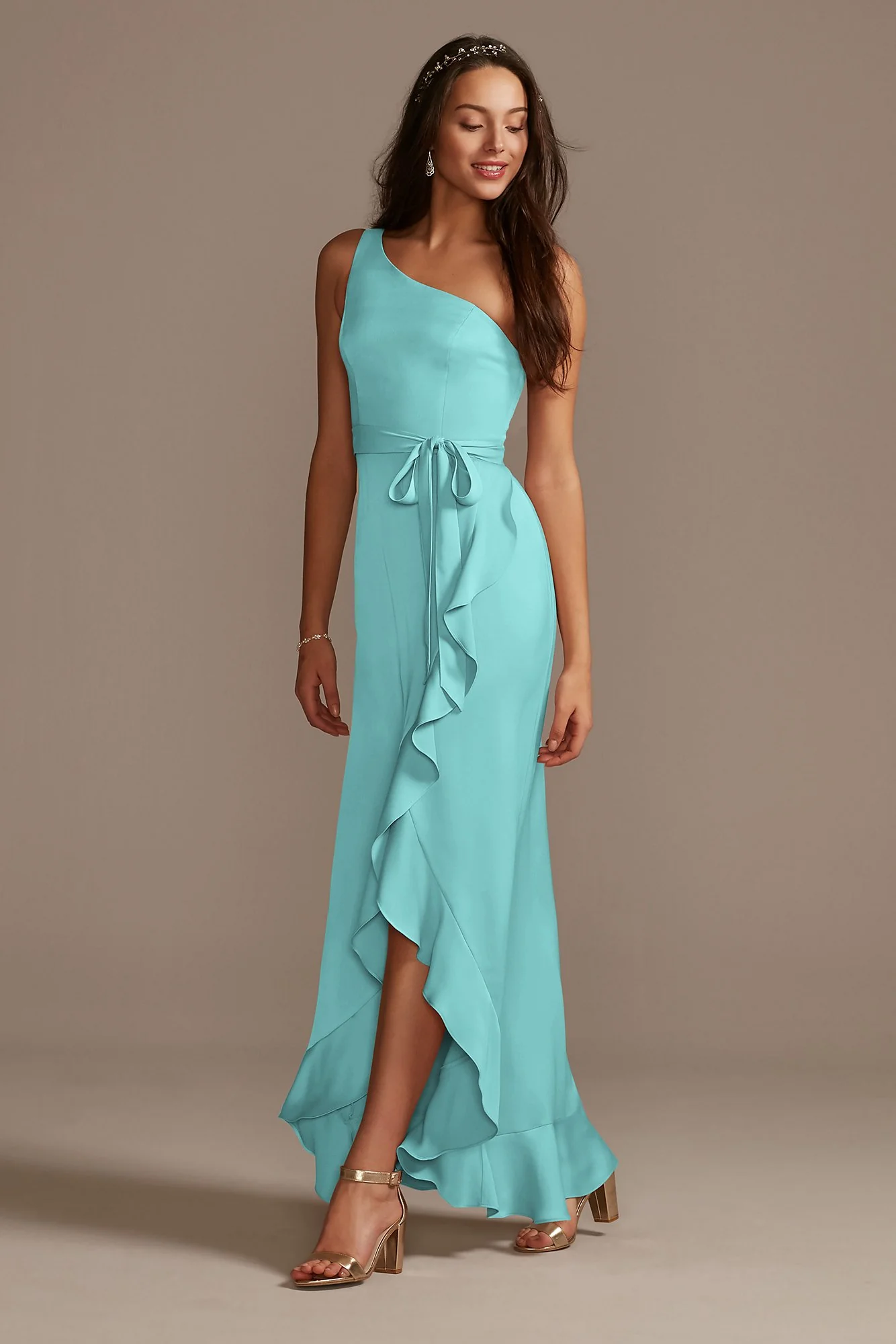 One Shoulder Crepe Satin Ruffle Dress - Image 13
