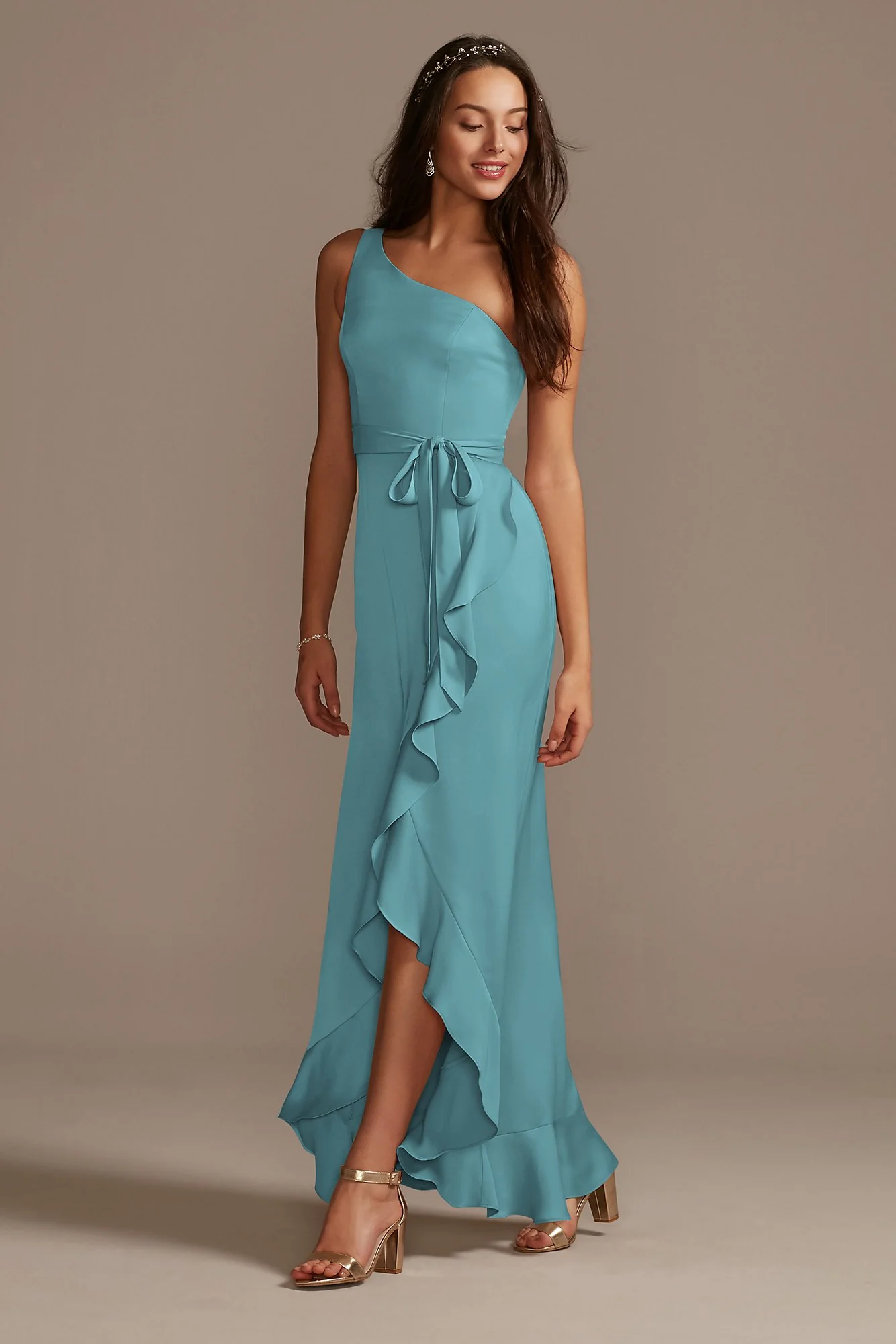 One Shoulder Crepe Satin Ruffle Dress - Image 21
