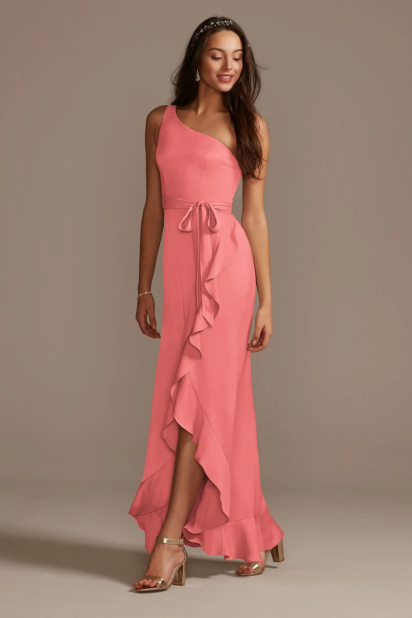One Shoulder Crepe Satin Ruffle Dress - Image 26