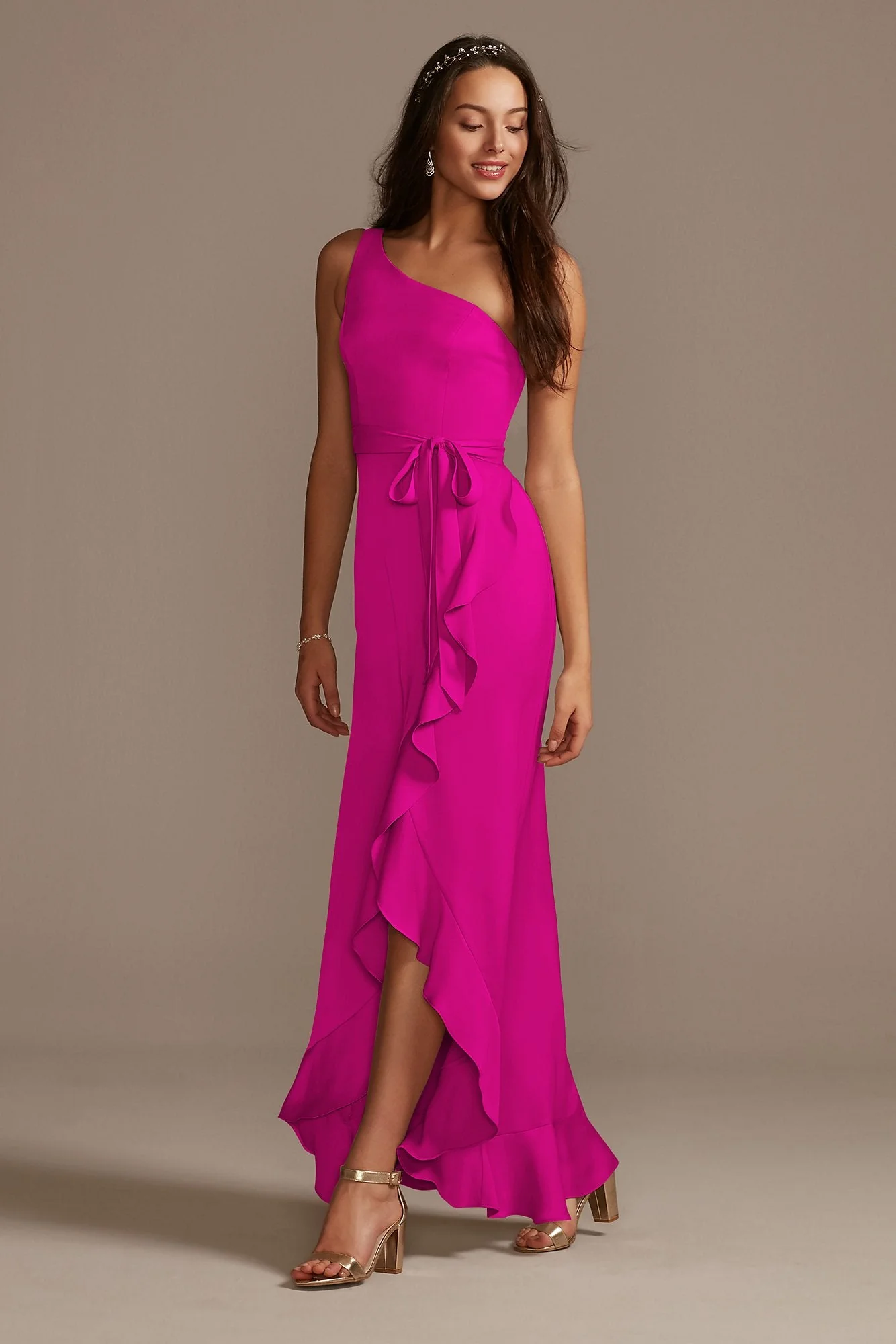 One Shoulder Crepe Satin Ruffle Dress - Image 29