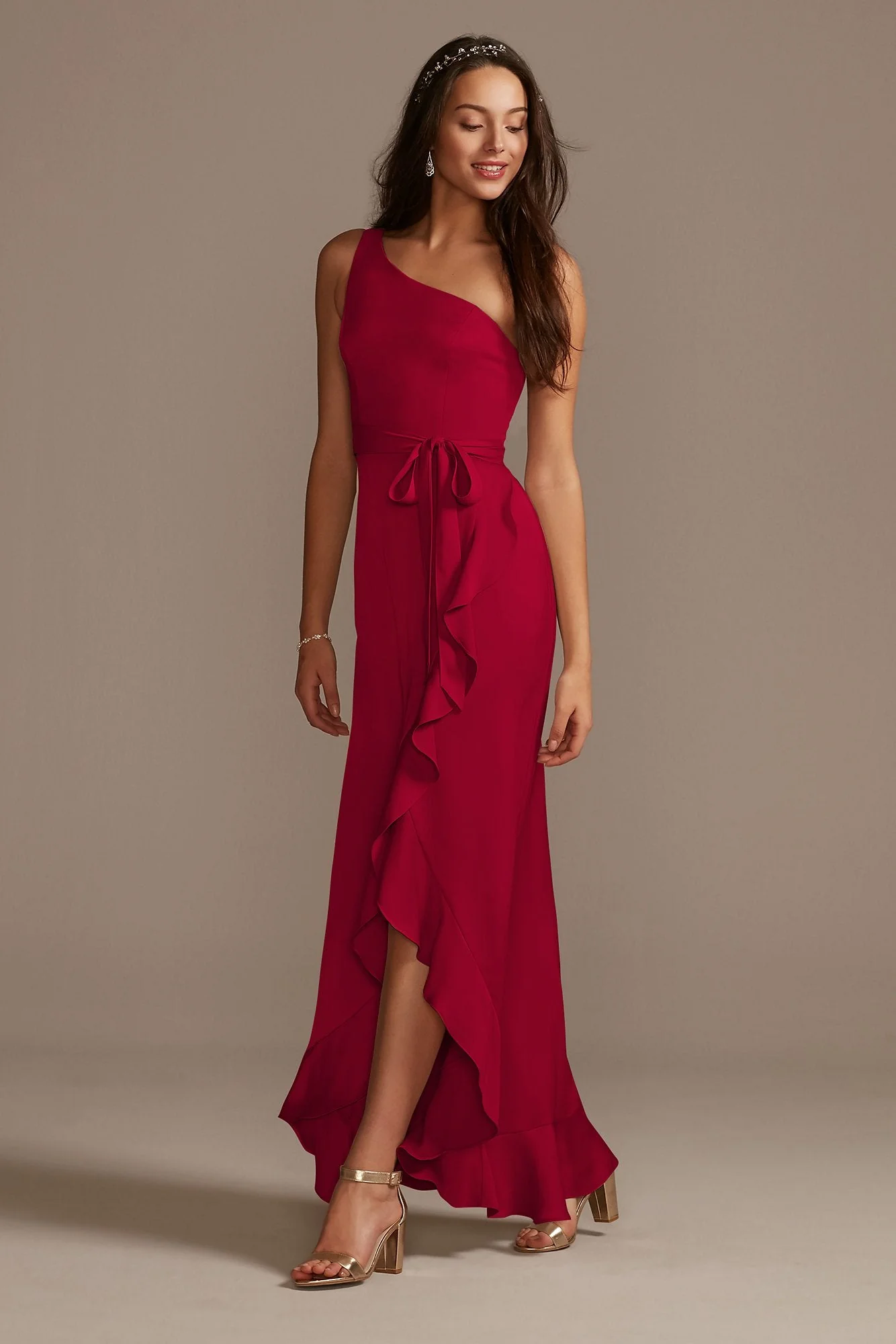 One Shoulder Crepe Satin Ruffle Dress - Image 30