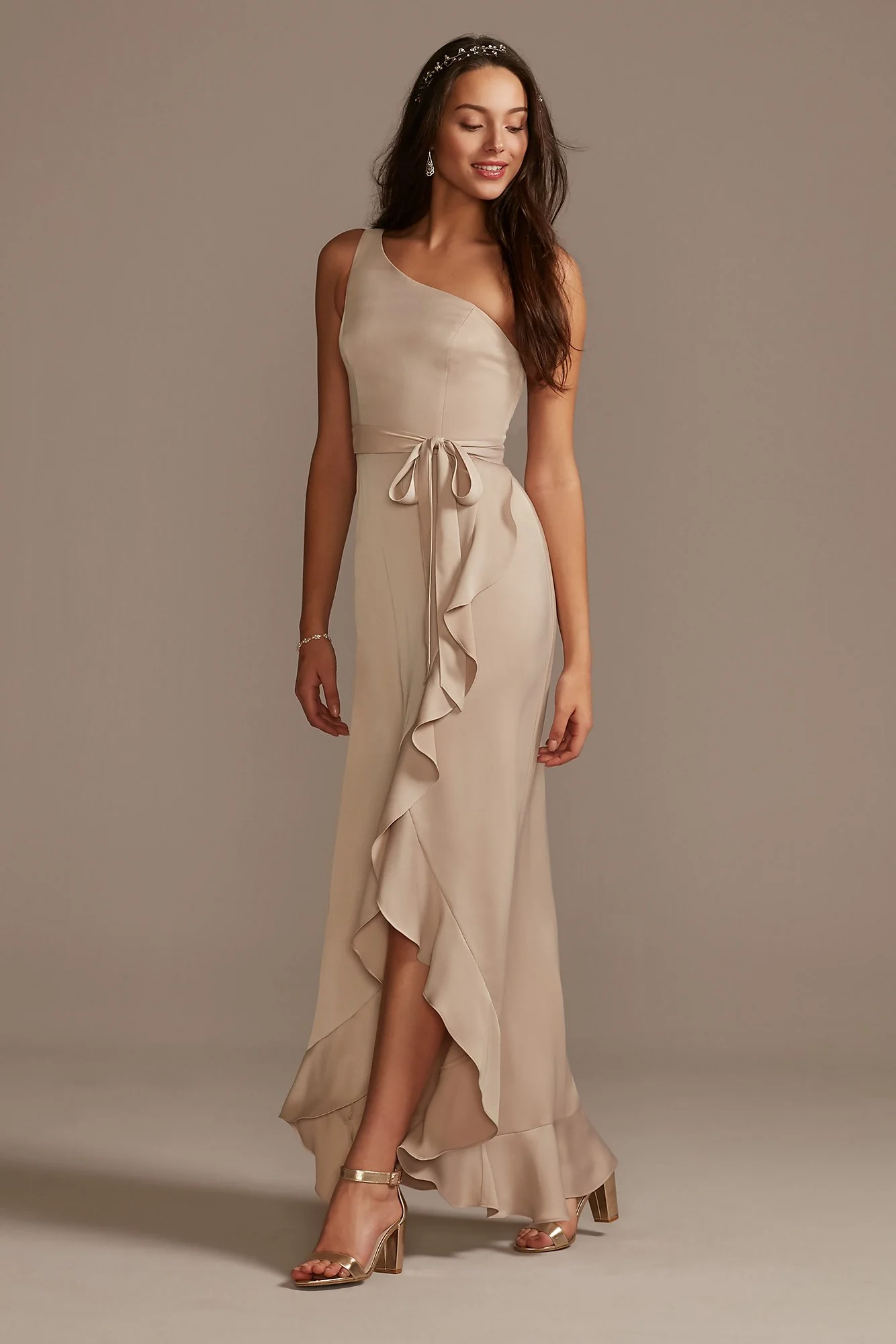 One Shoulder Crepe Satin Ruffle Dress - Image 31