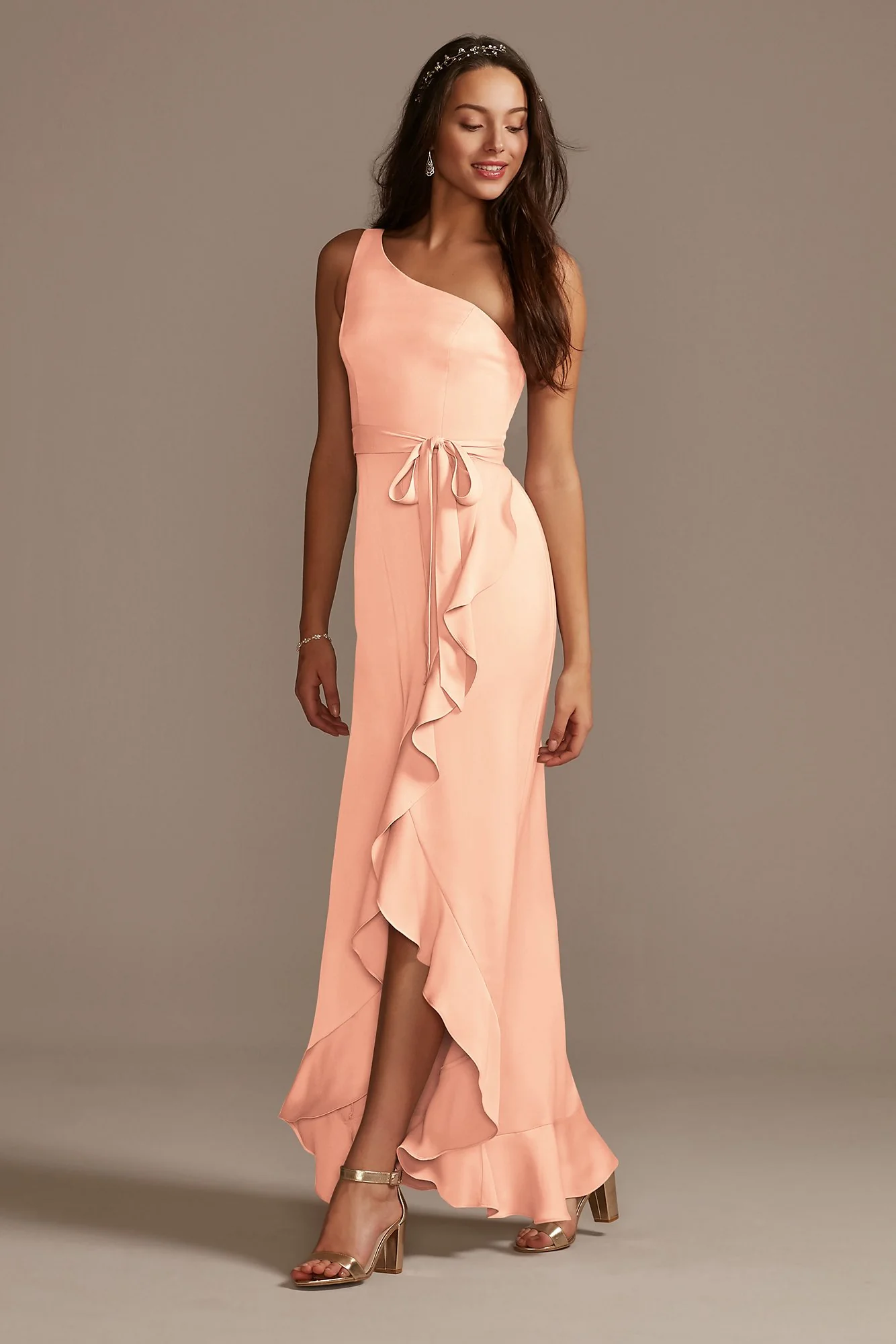 One Shoulder Crepe Satin Ruffle Dress - Image 32