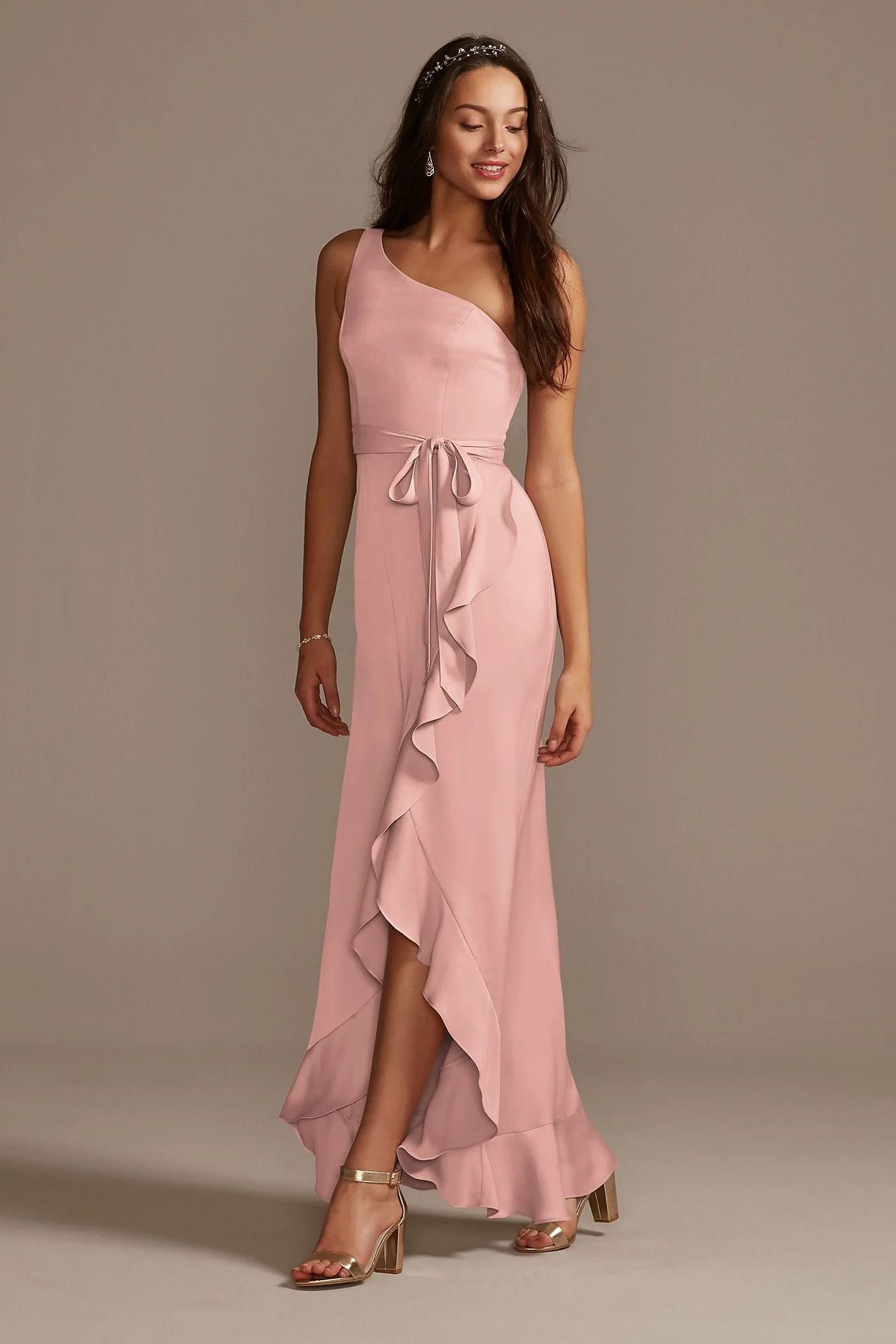 One Shoulder Crepe Satin Ruffle Dress - Image 42