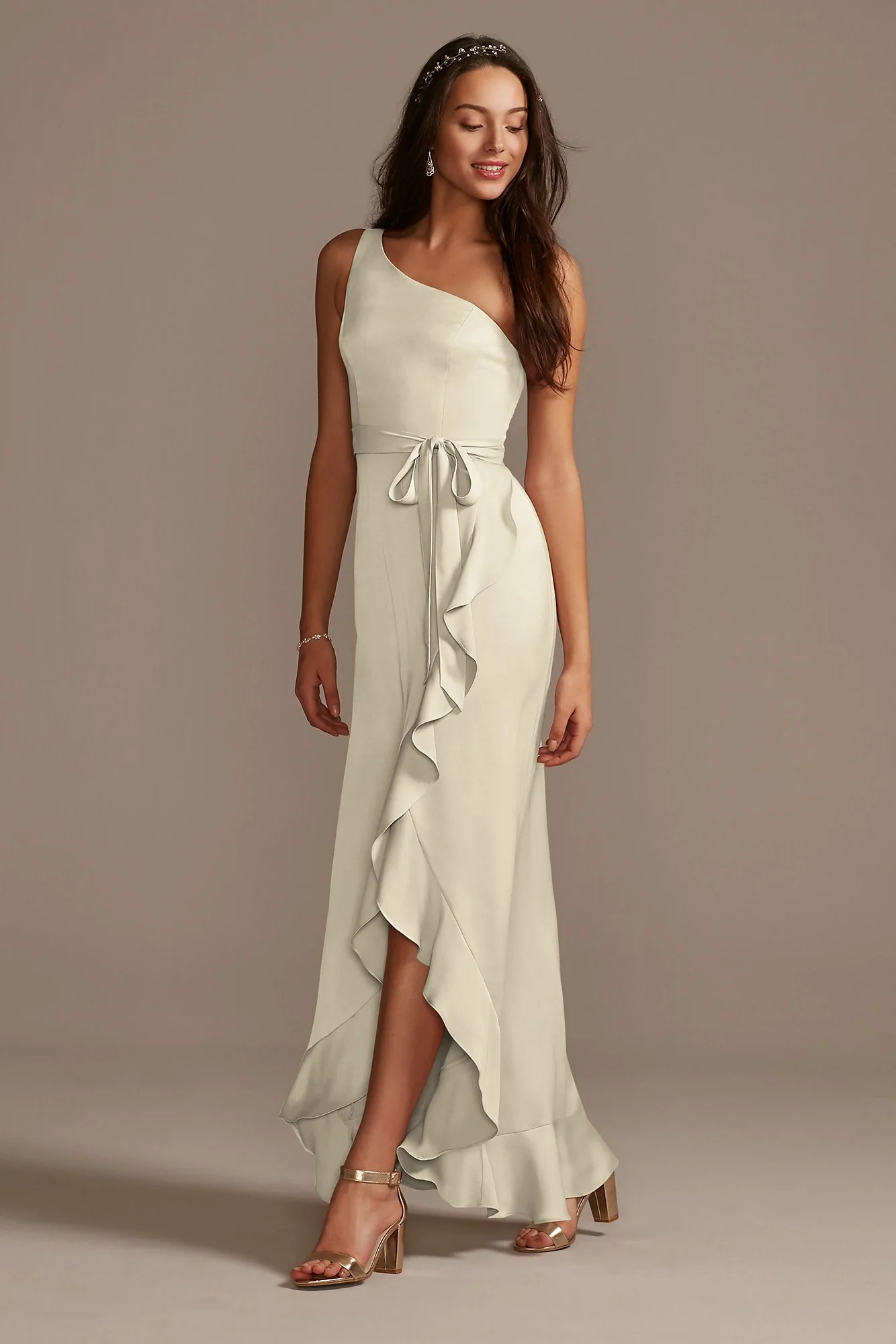 One Shoulder Crepe Satin Ruffle Dress - Image 5