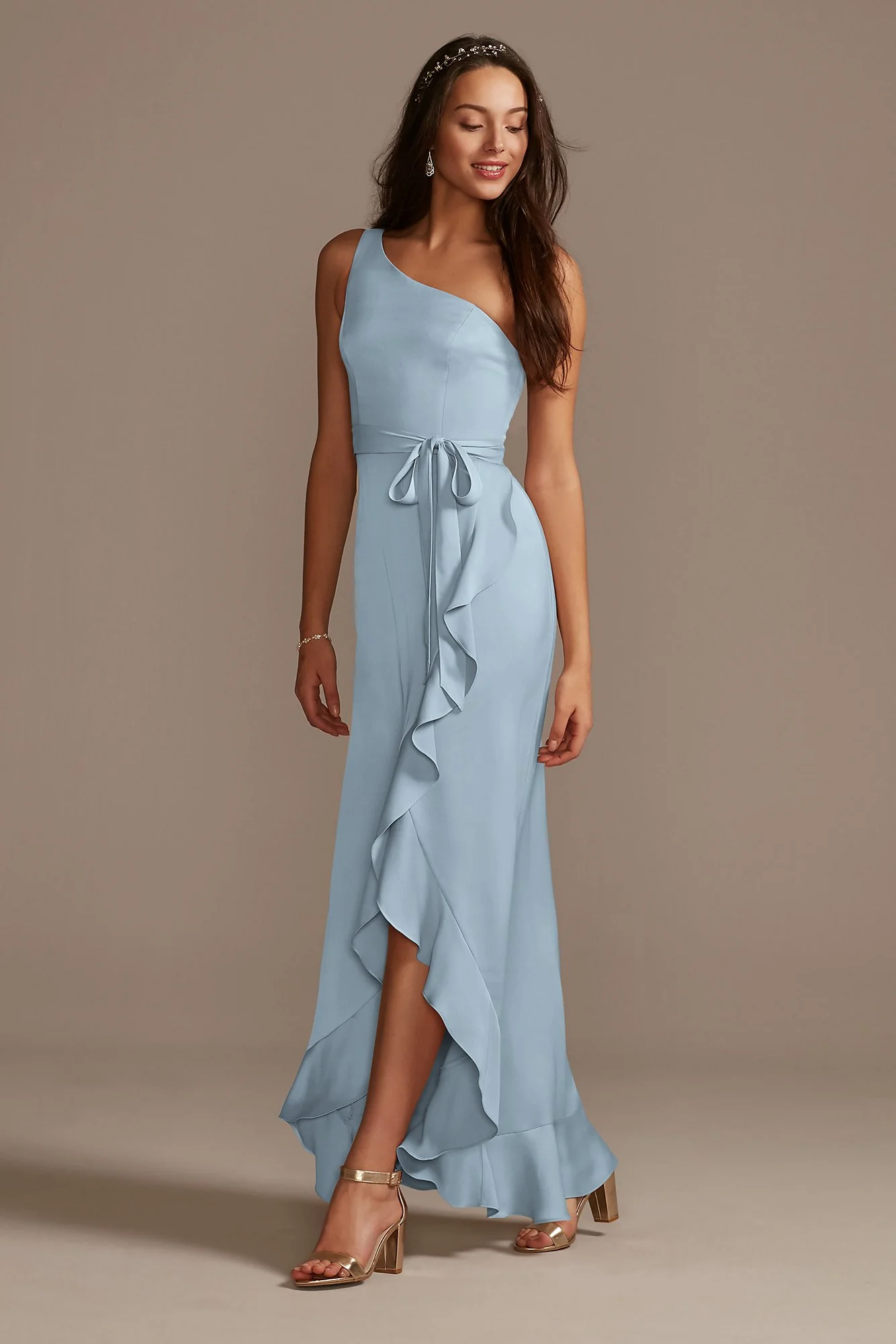 One Shoulder Crepe Satin Ruffle Dress - Image 52