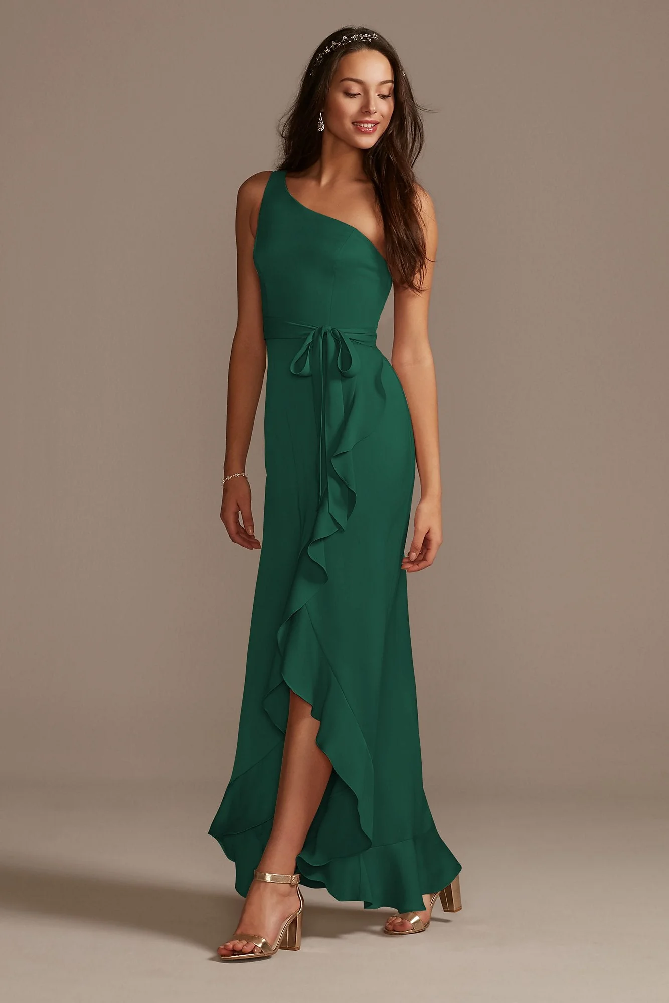 One Shoulder Crepe Satin Ruffle Dress - Image 61