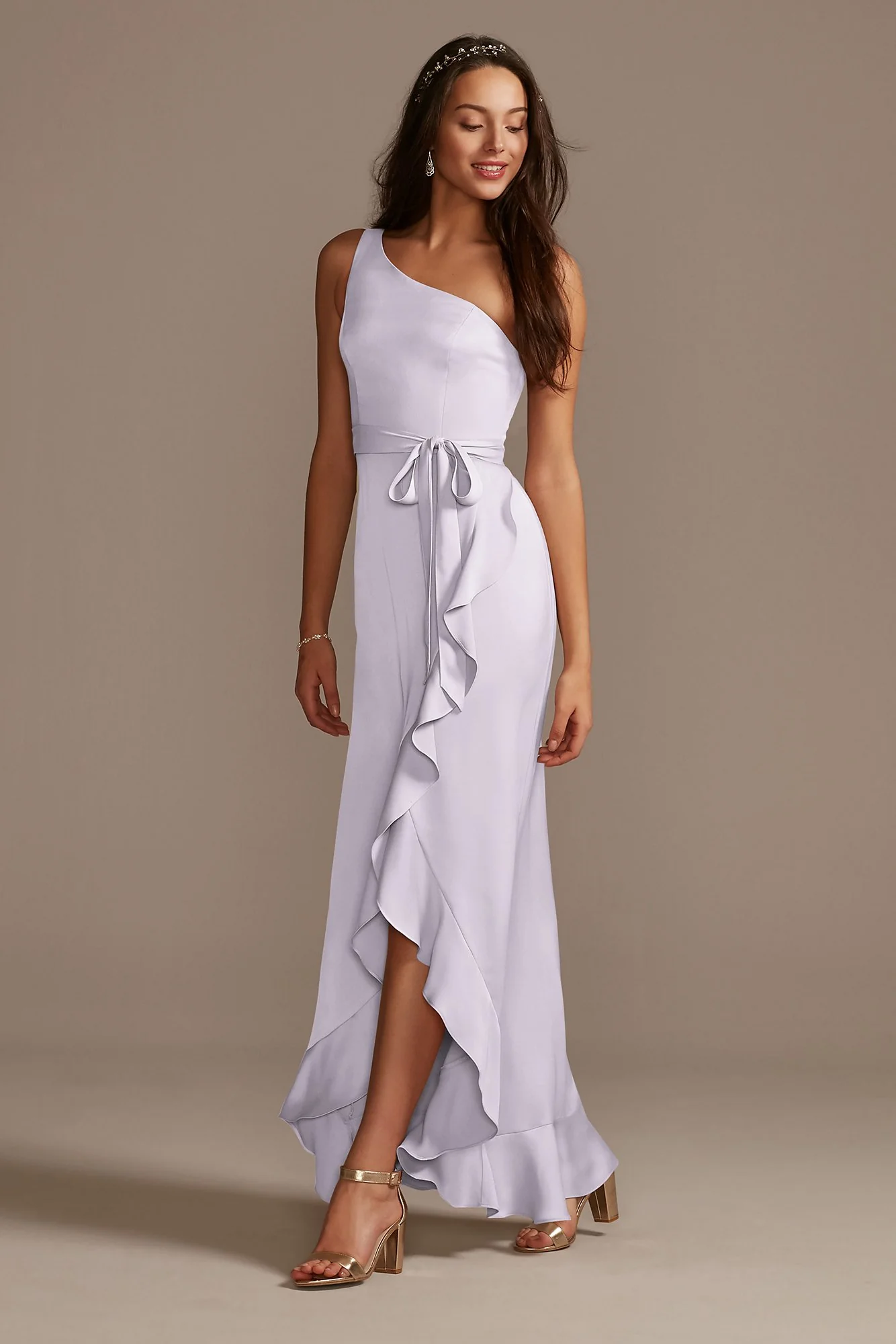 One Shoulder Crepe Satin Ruffle Dress - Image 62