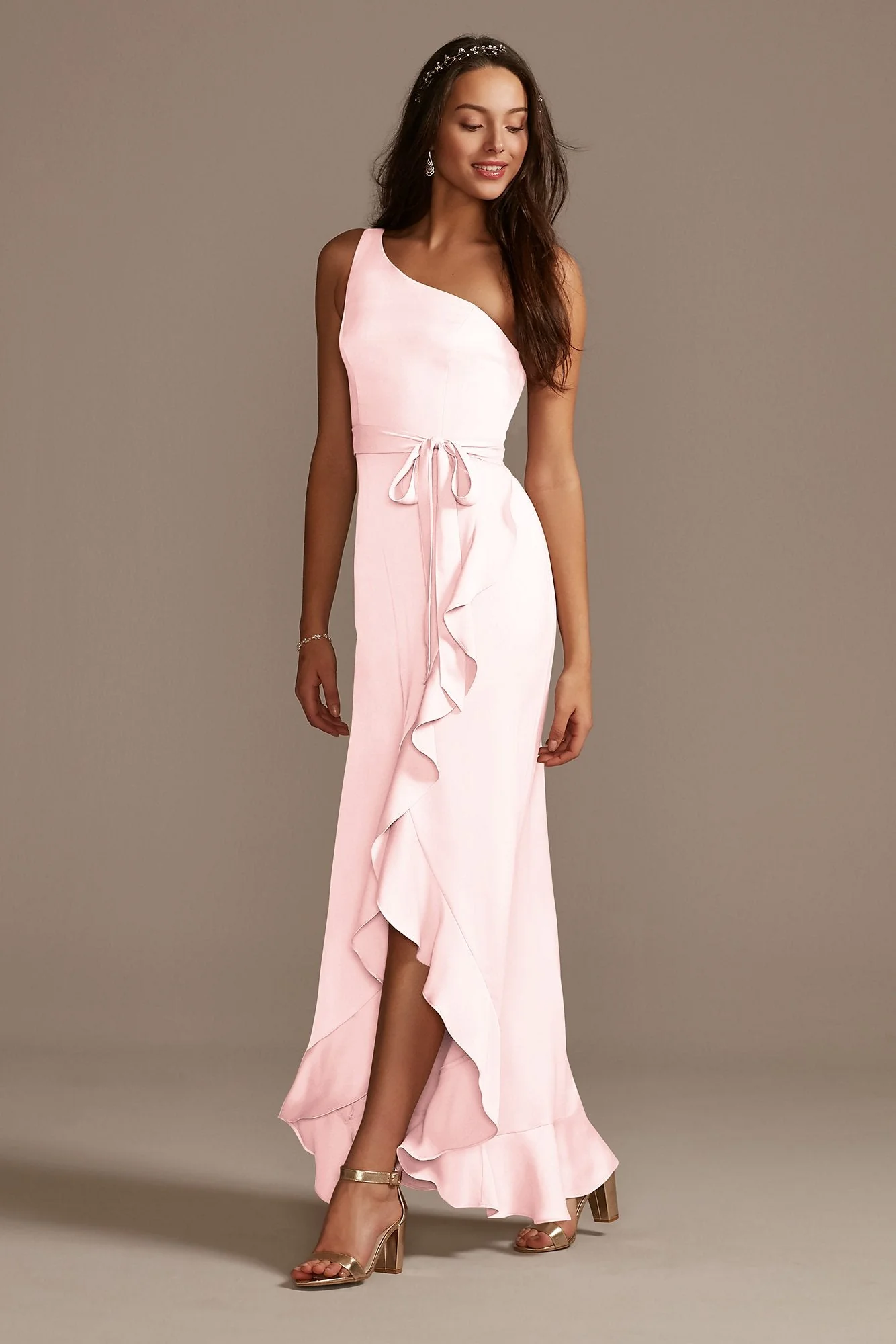 One Shoulder Crepe Satin Ruffle Dress - Image 69