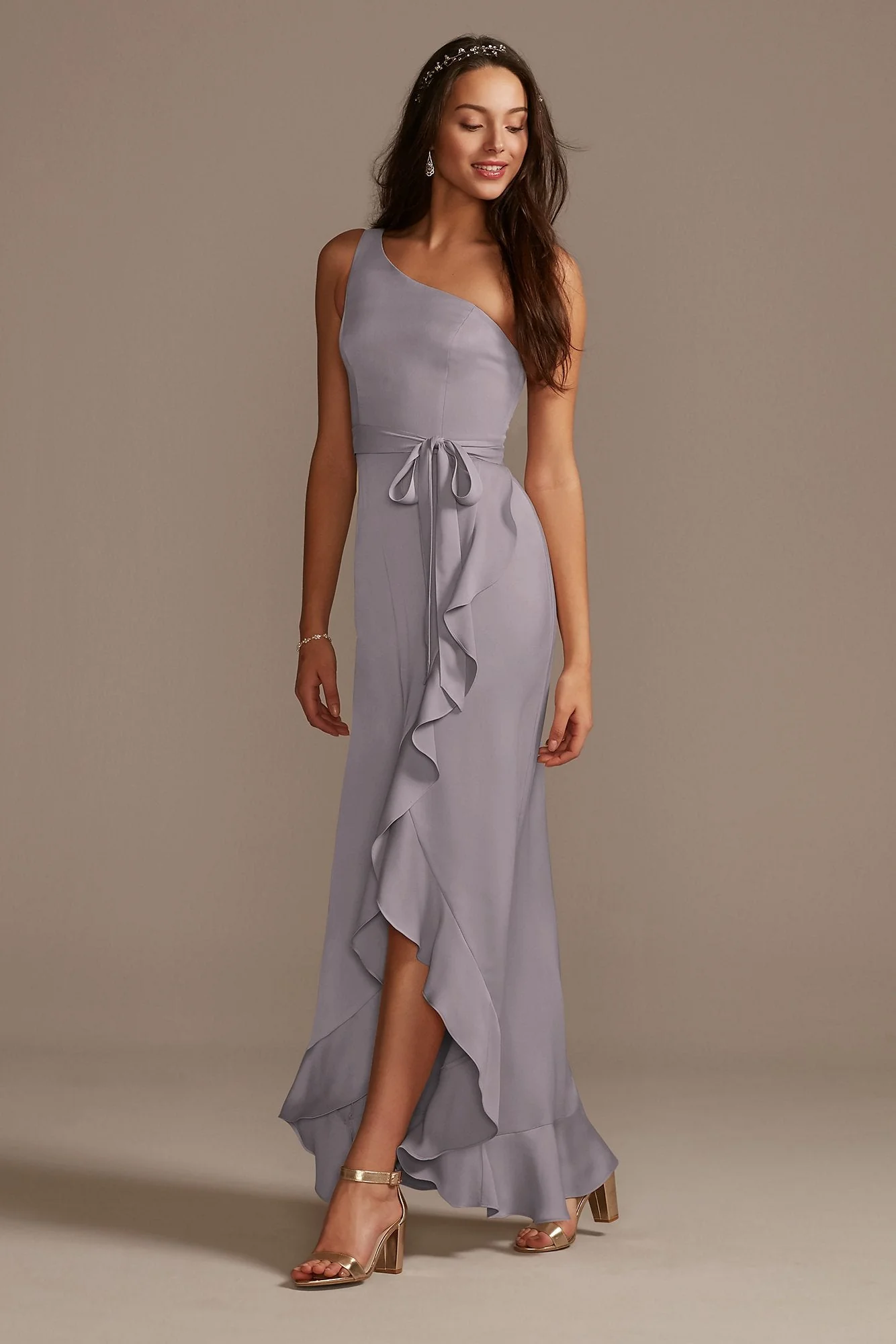 One Shoulder Crepe Satin Ruffle Dress - Image 70