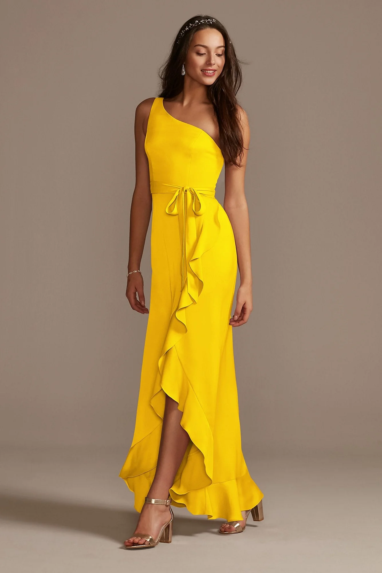 One Shoulder Crepe Satin Ruffle Dress - Image 77