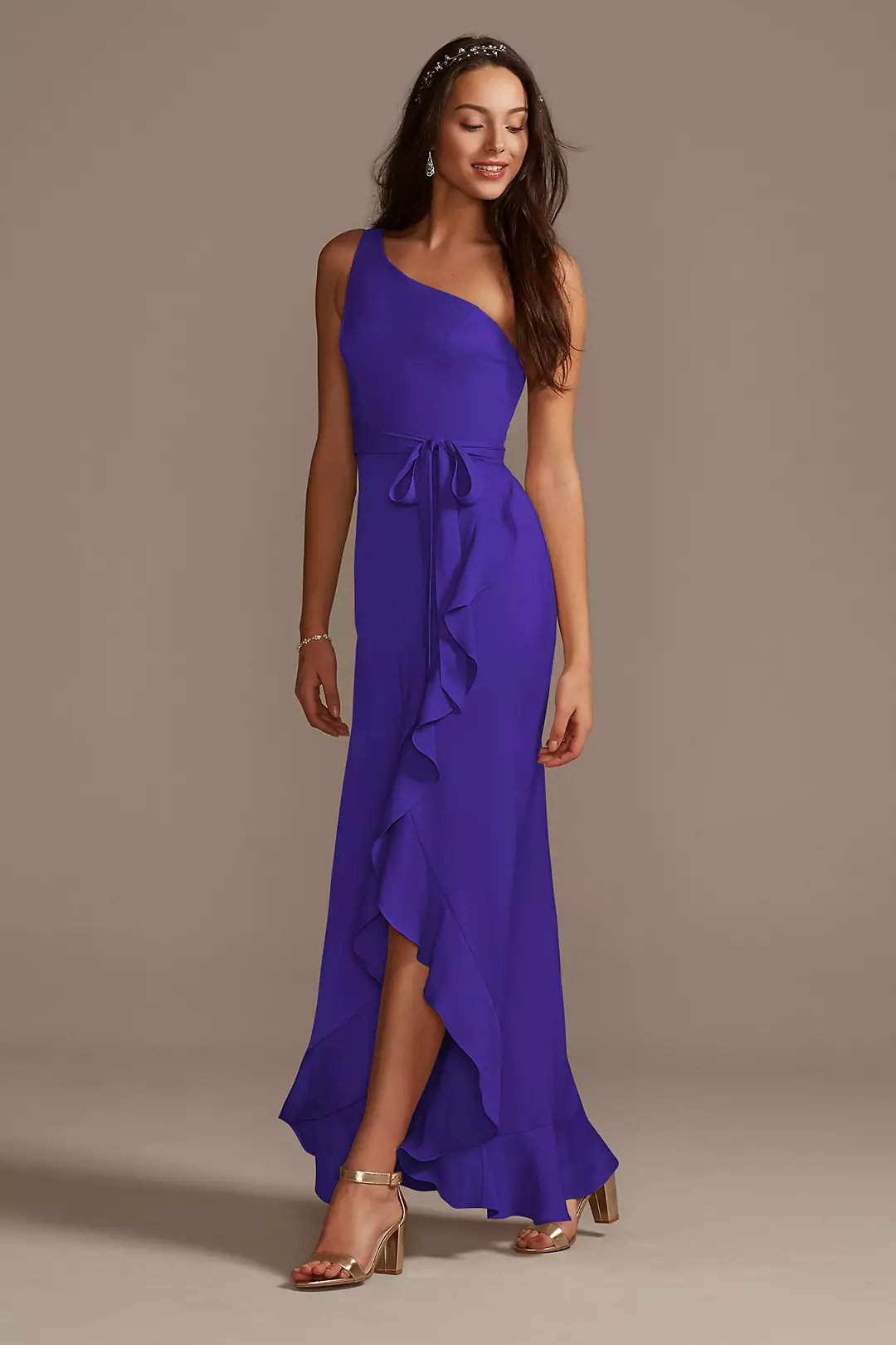 One Shoulder Crepe Satin Ruffle Dress - Image 86