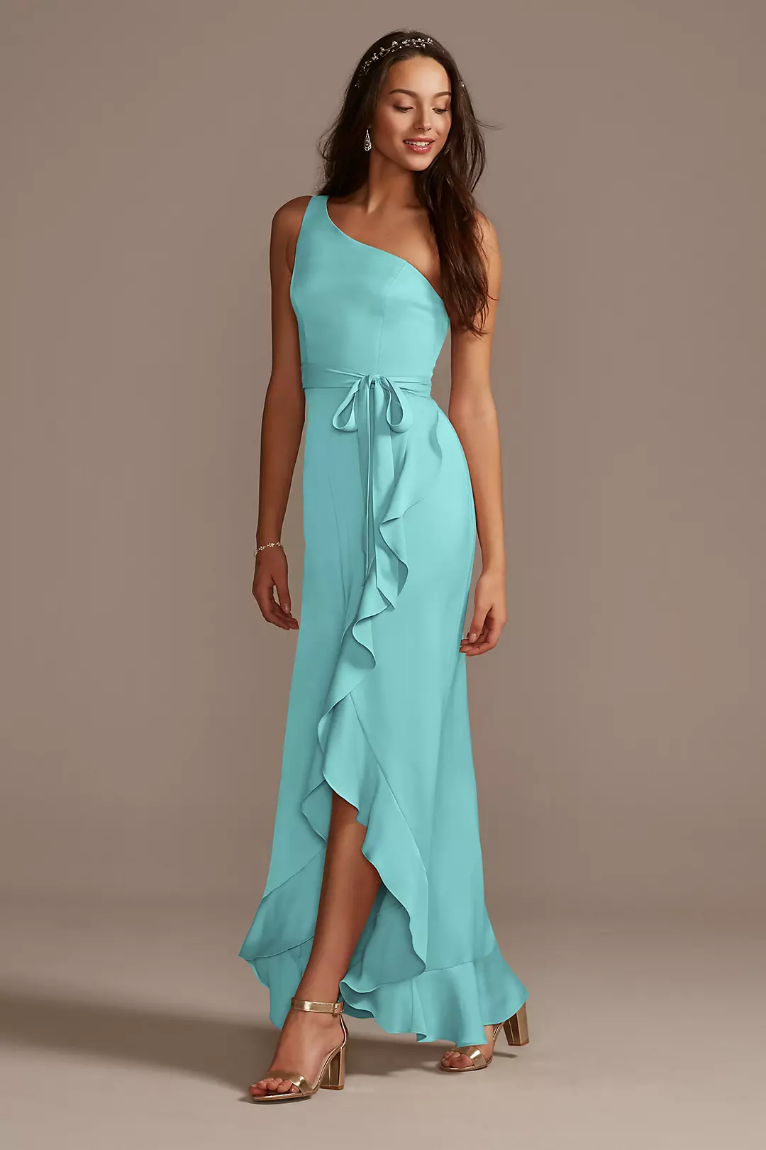 One Shoulder Crepe Satin Ruffle Dress - Image 87