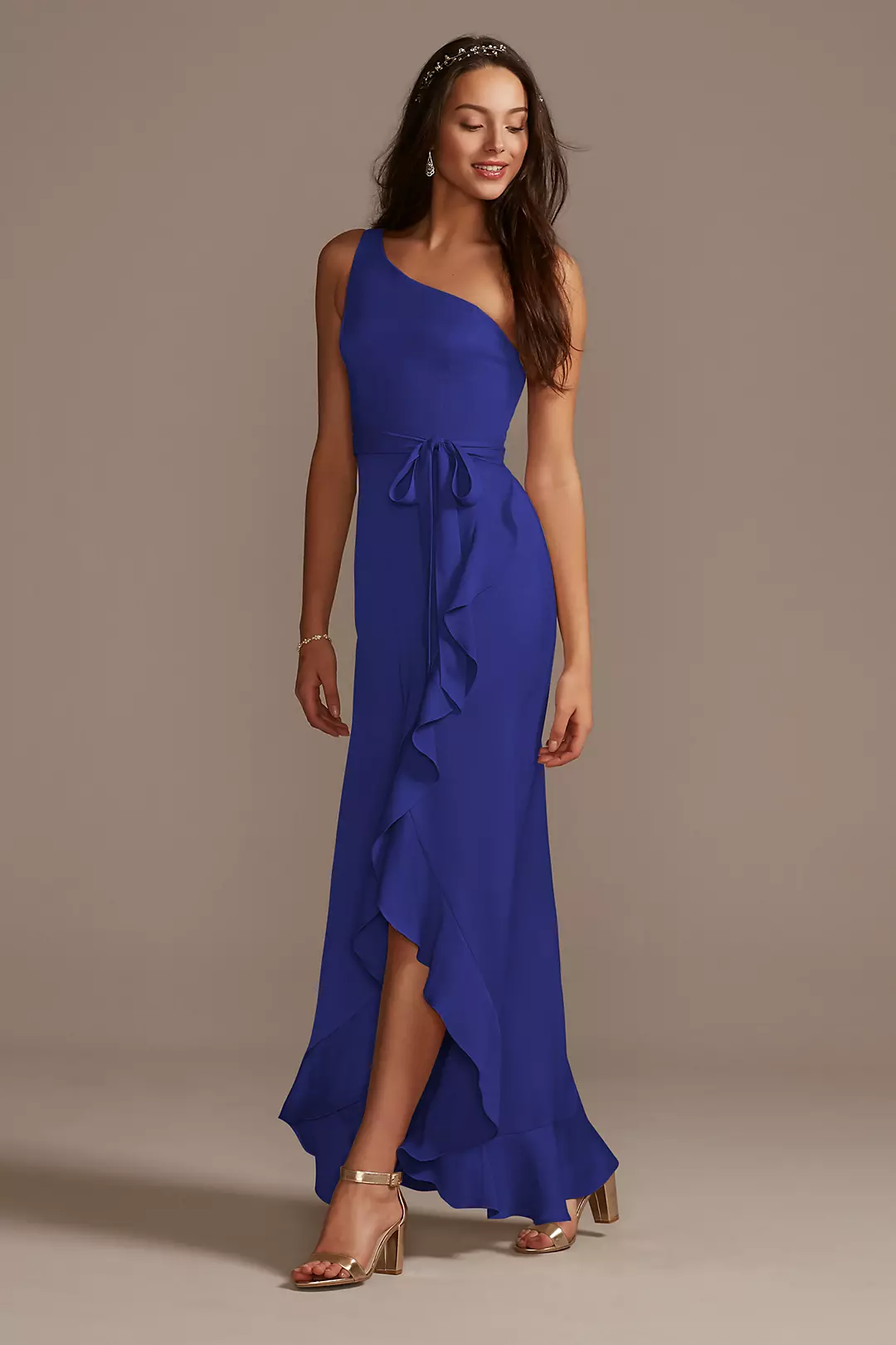 One Shoulder Crepe Satin Ruffle Dress - Image 89