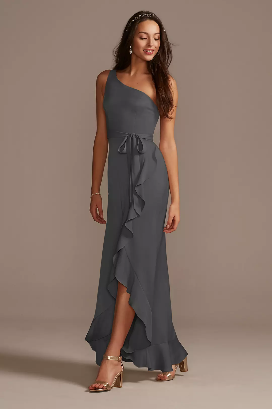 One Shoulder Crepe Satin Ruffle Dress - Image 90