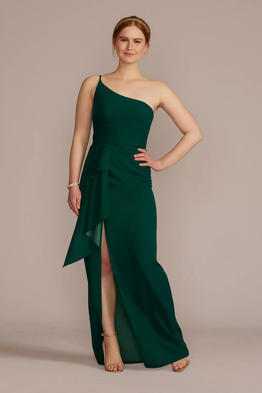 One-Shoulder Crepe Sheath with Cascade Ruffle - Image 3