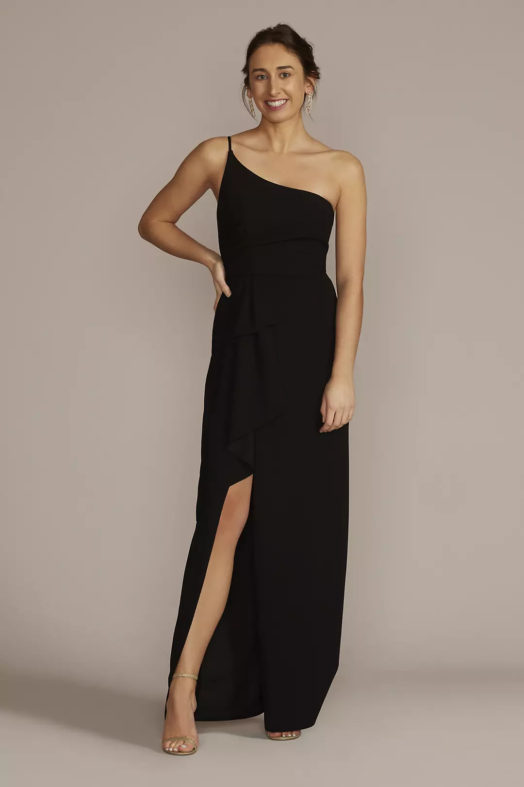 One-Shoulder Crepe Sheath with Cascade Ruffle - Image 5