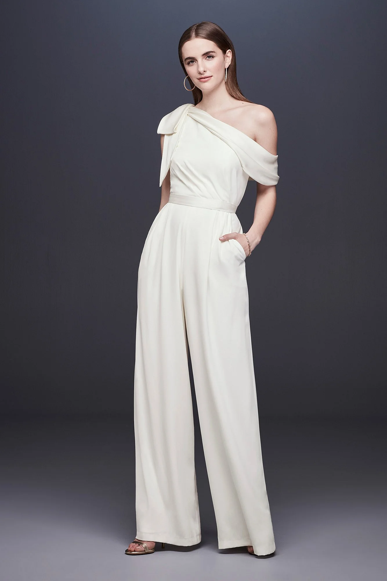 One-Shoulder Crepe Wedding Jumpsuit with Bow