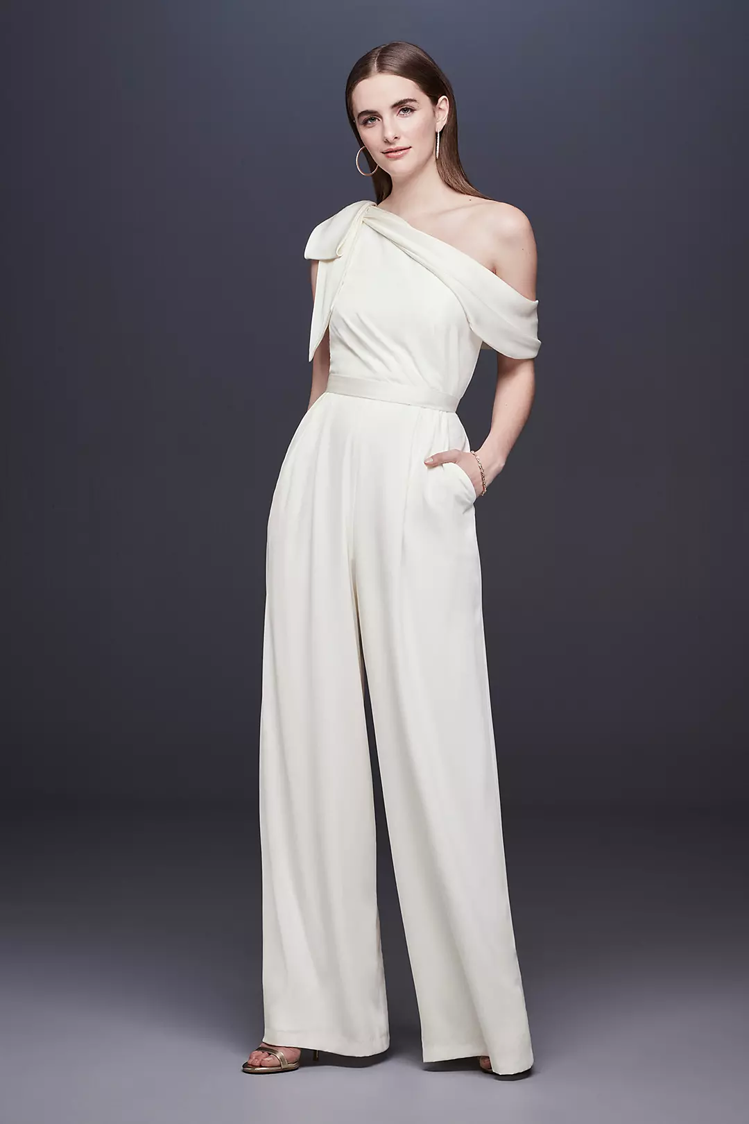One-Shoulder Crepe Wedding Jumpsuit with Bow - Image 3