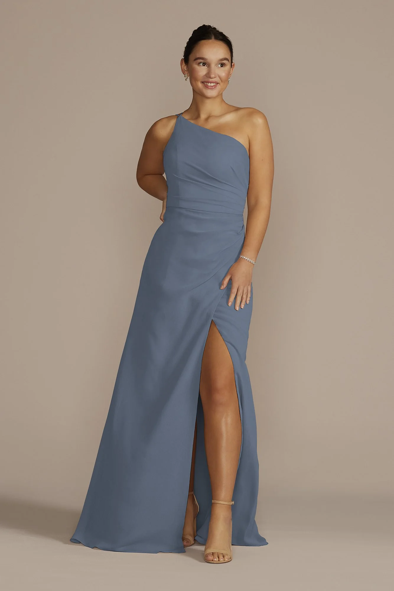 One-Shoulder Crinkle Chiffon Dress - Image 38