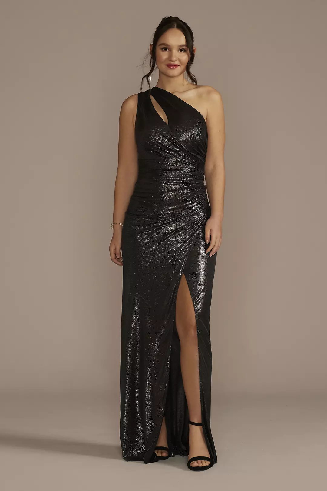 One Shoulder Cutout Textured Metallic Sheath Dress - Image 2