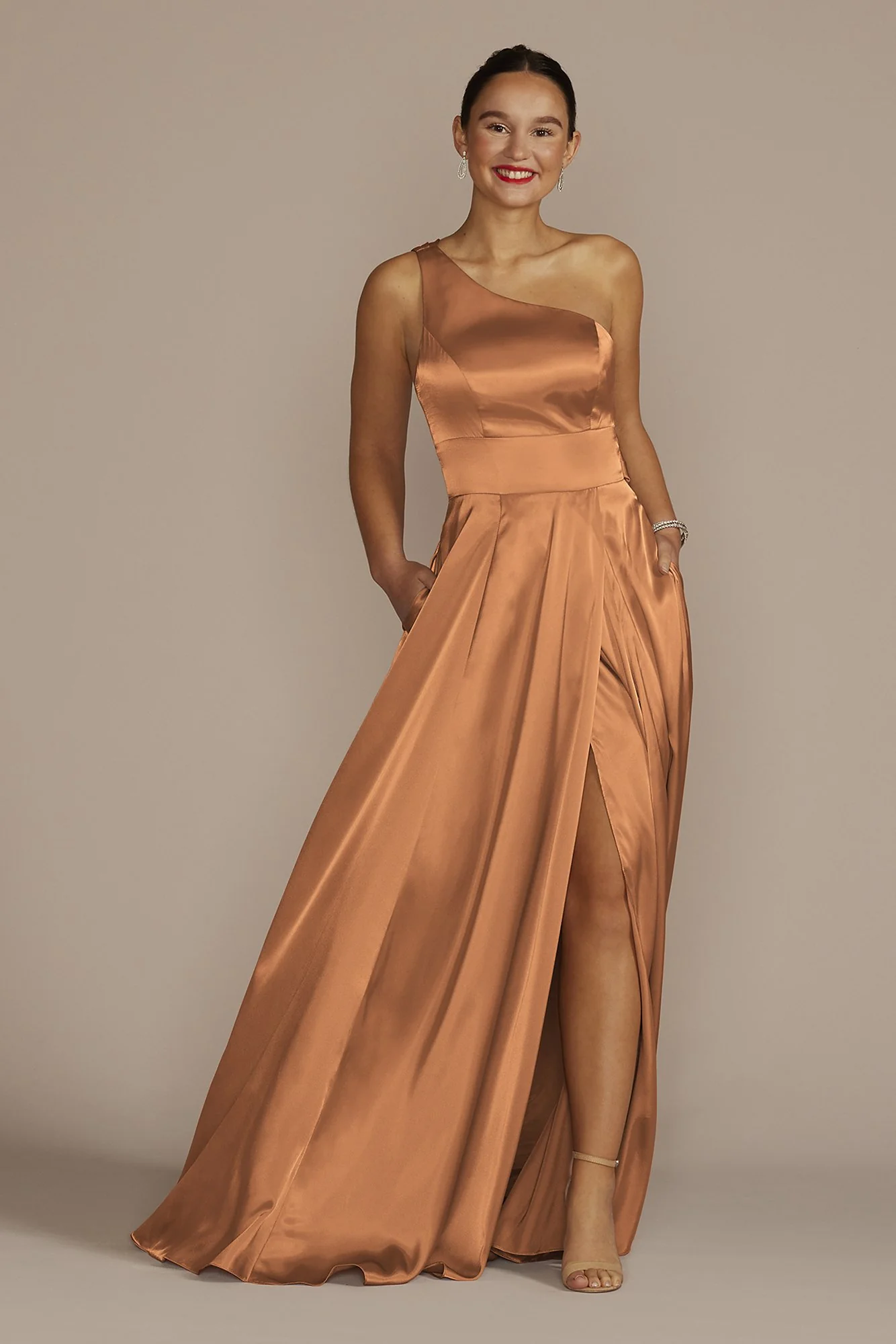 One-Shoulder Draped Charmeuse Dress - Image 26