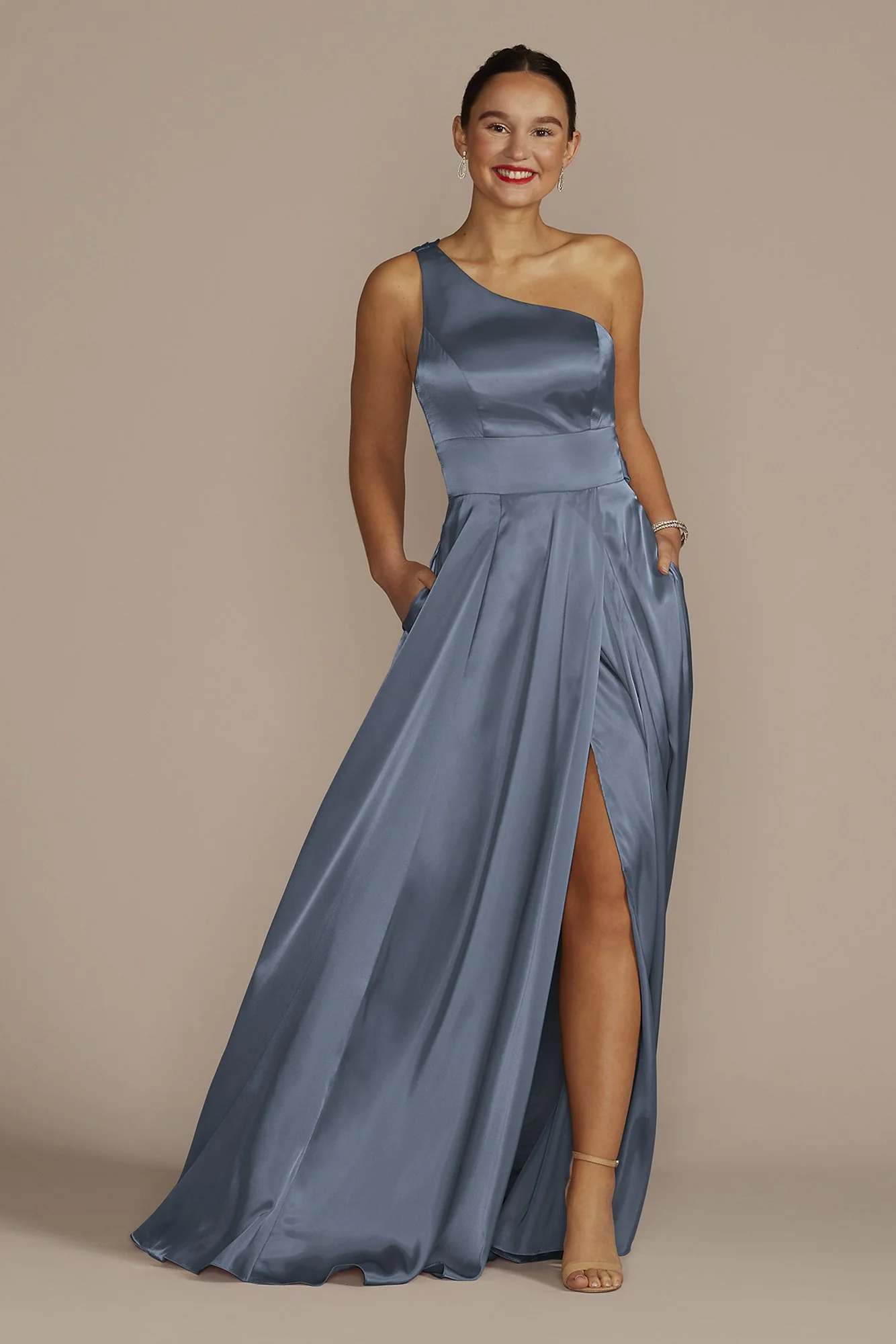 One-Shoulder Draped Charmeuse Dress - Image 27