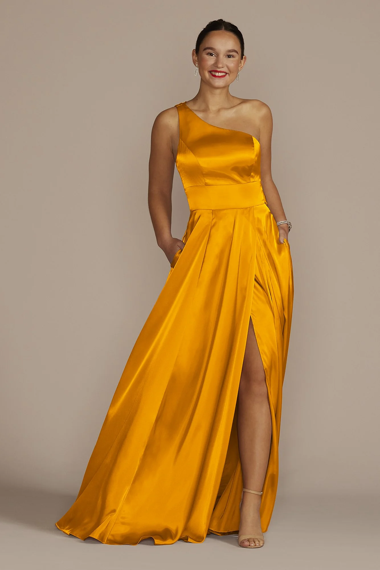One-Shoulder Draped Charmeuse Dress - Image 40