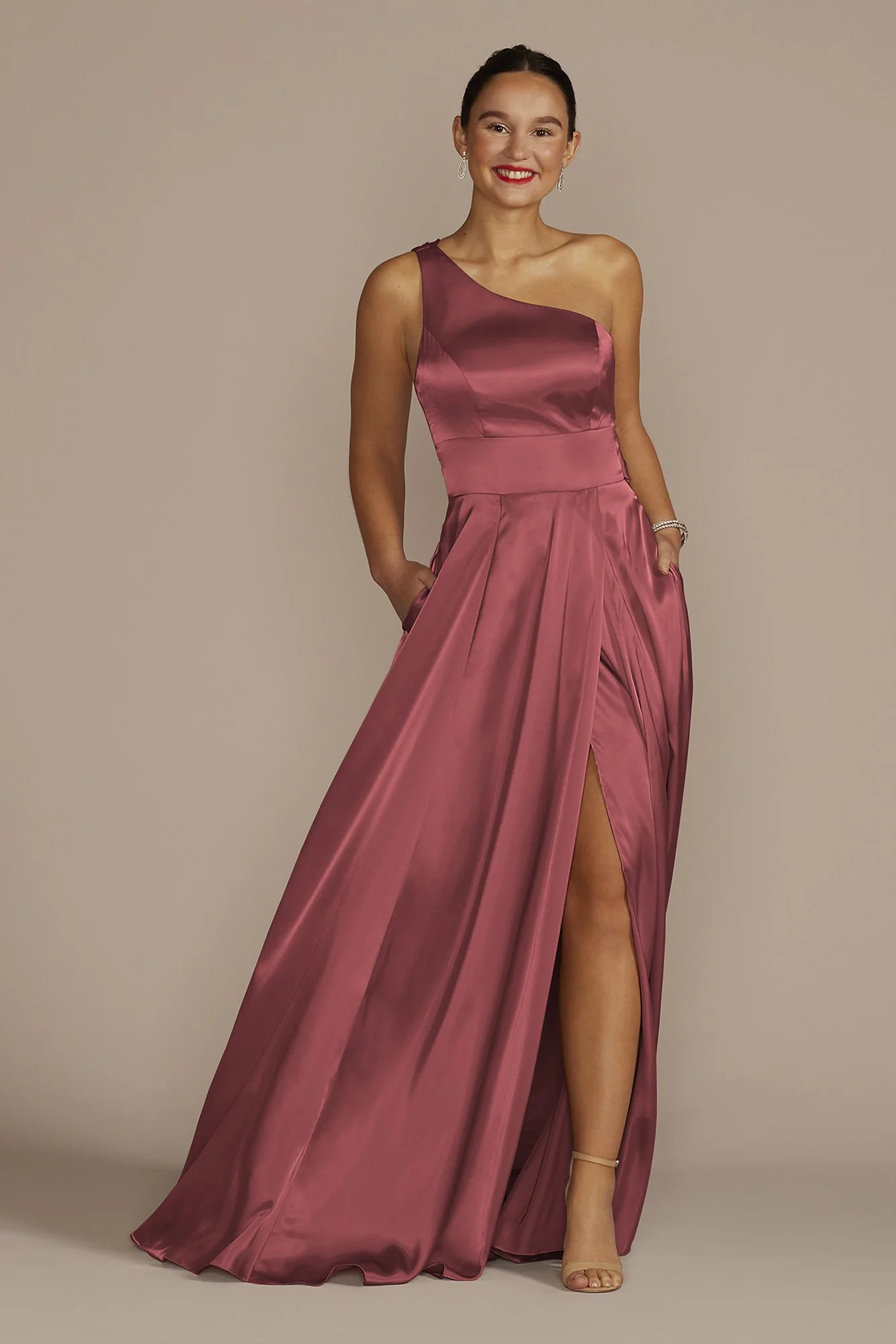One-Shoulder Draped Charmeuse Dress - Image 45