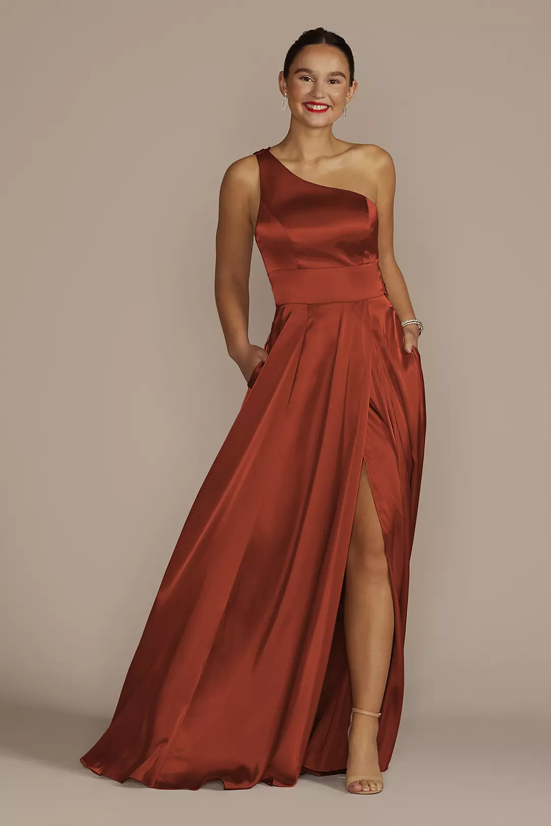 One-Shoulder Draped Charmeuse Dress - Image 58