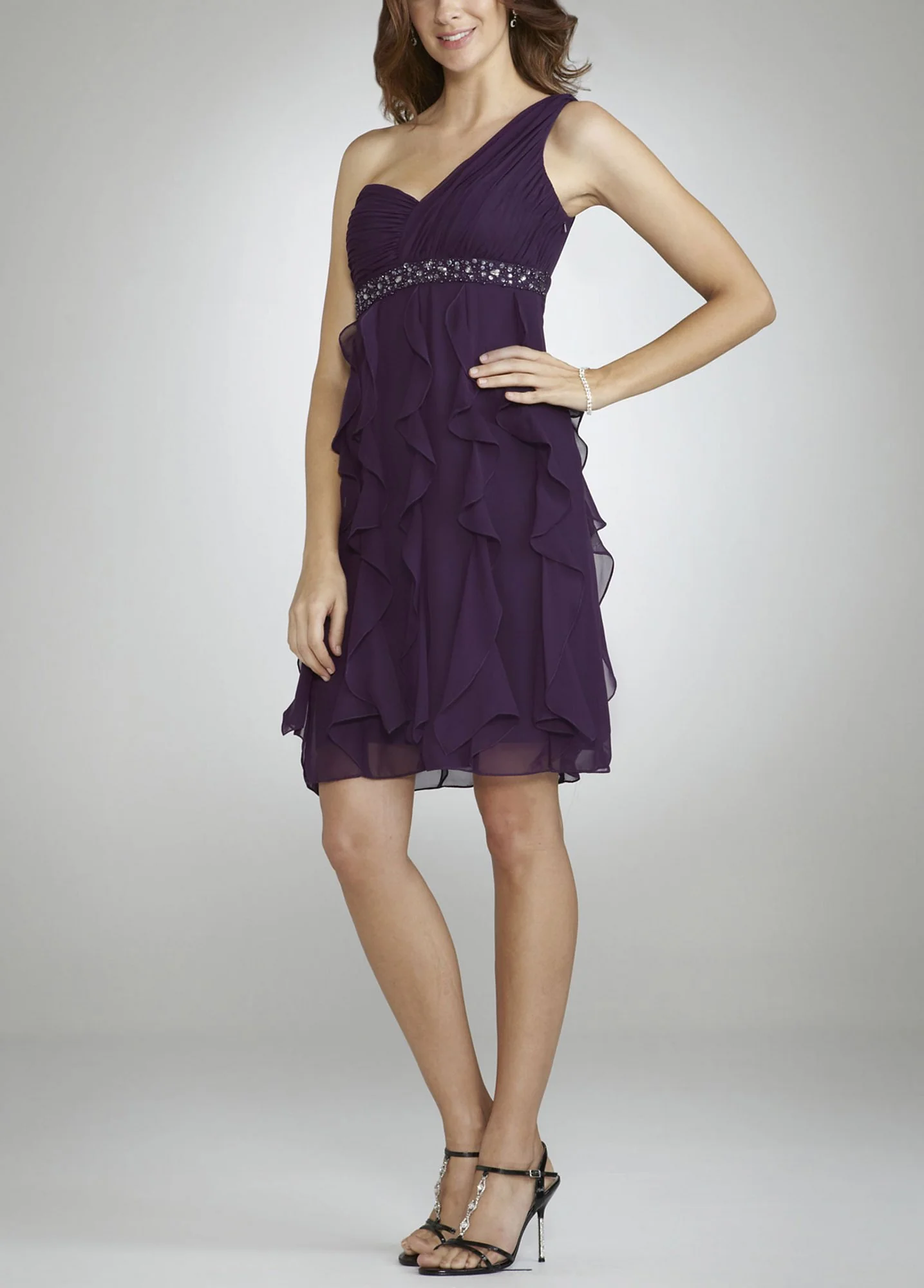 One Shoulder Dress with Cascade Ruffle Skirt
