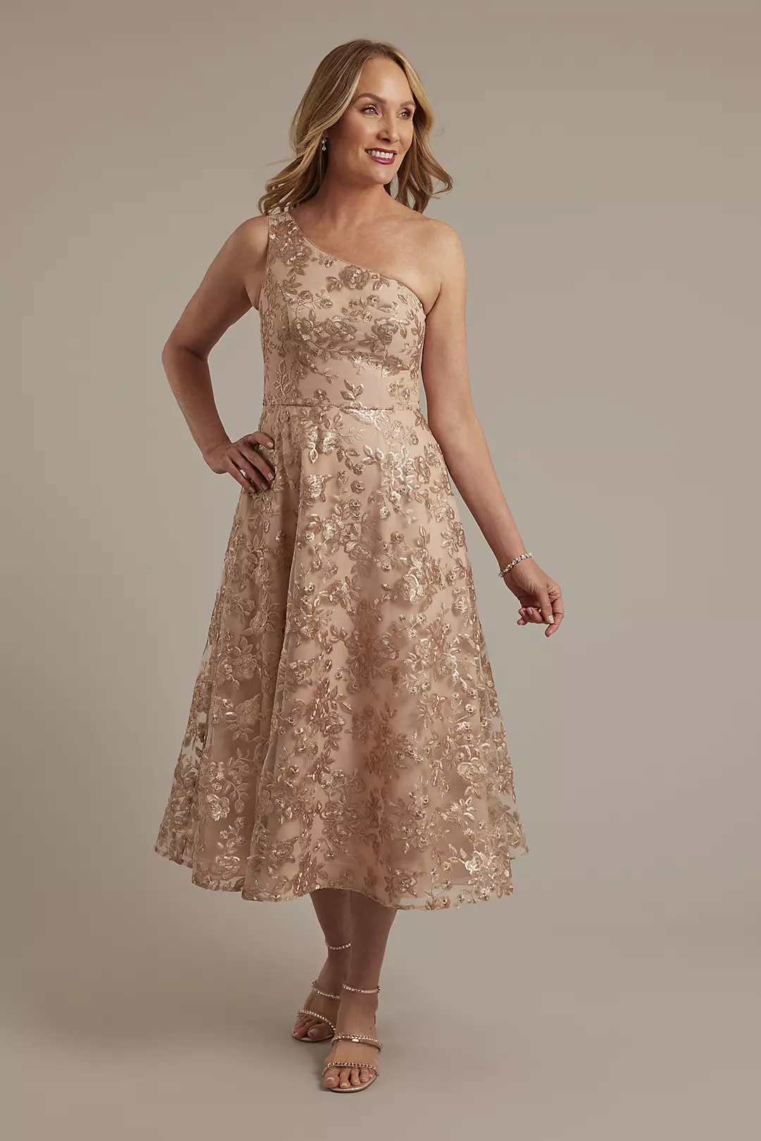 One-Shoulder Embroidered Tea-Length Dress - Image 2