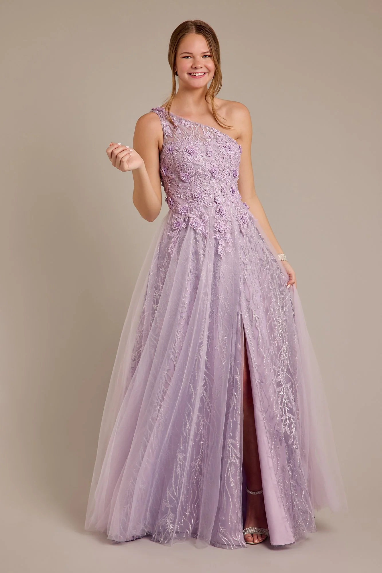 One-Shoulder Floral Glitter A-Line Dress