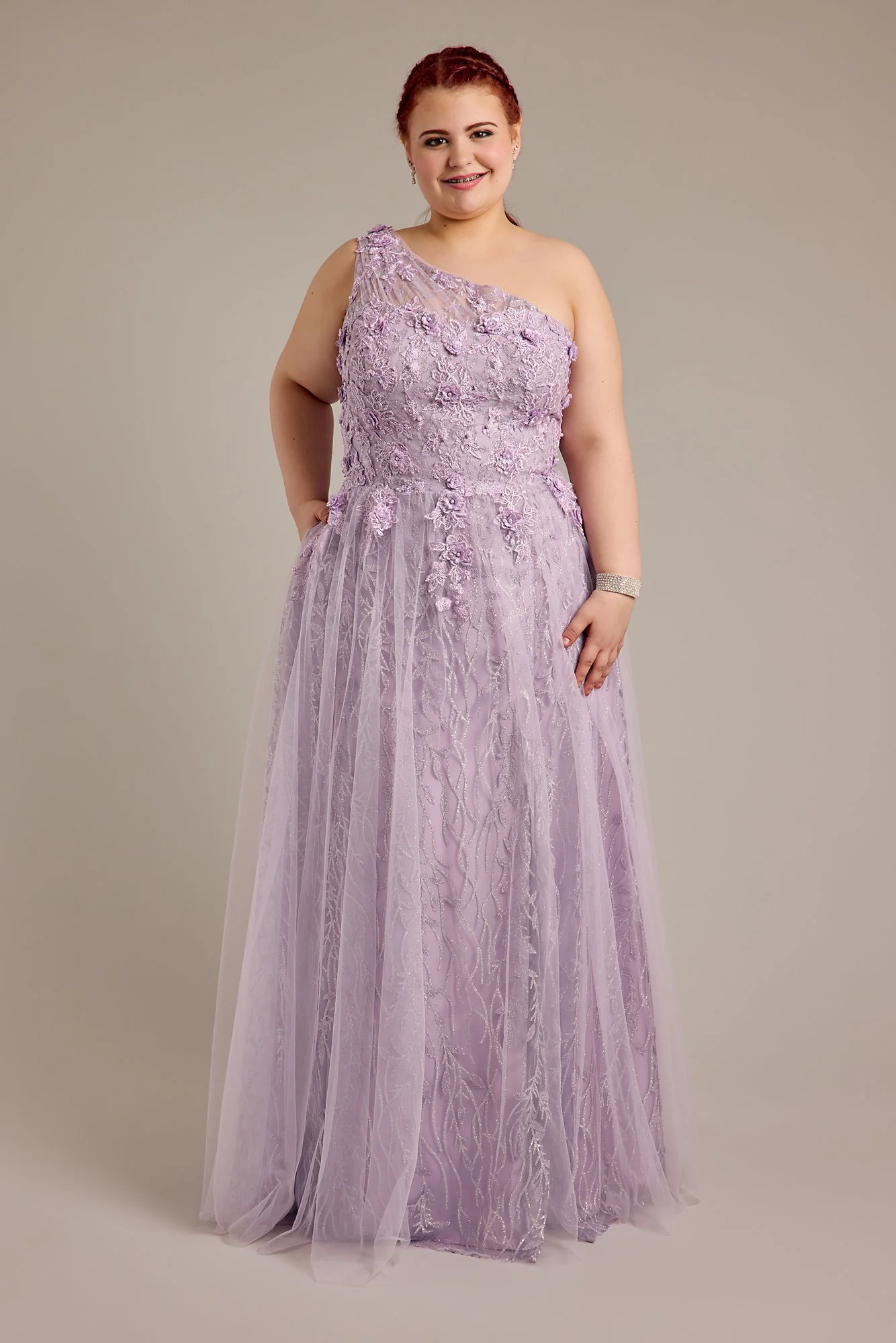 One-Shoulder Floral Glitter A-Line Dress - Image 2