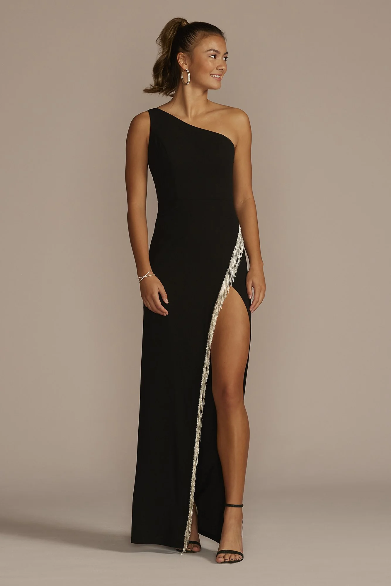 One-Shoulder Fringe Trimmed Crepe Sheath