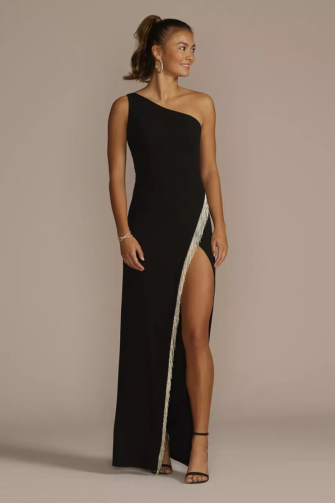 One-Shoulder Fringe Trimmed Crepe Sheath - Image 2